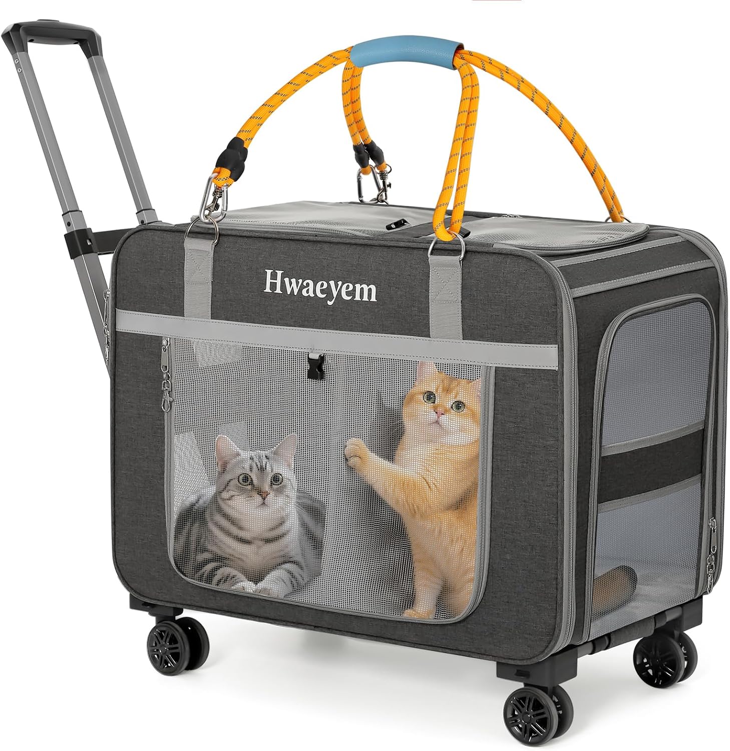 Extra Large Cat Carrier for 2 Cats with Wheels, 24" X 15" X 17" Dual-Compartment Cat Car Travel Carrier, Breathable Rolling Dog Carriers for Small Dogs with Zipper Locks, Light Gray