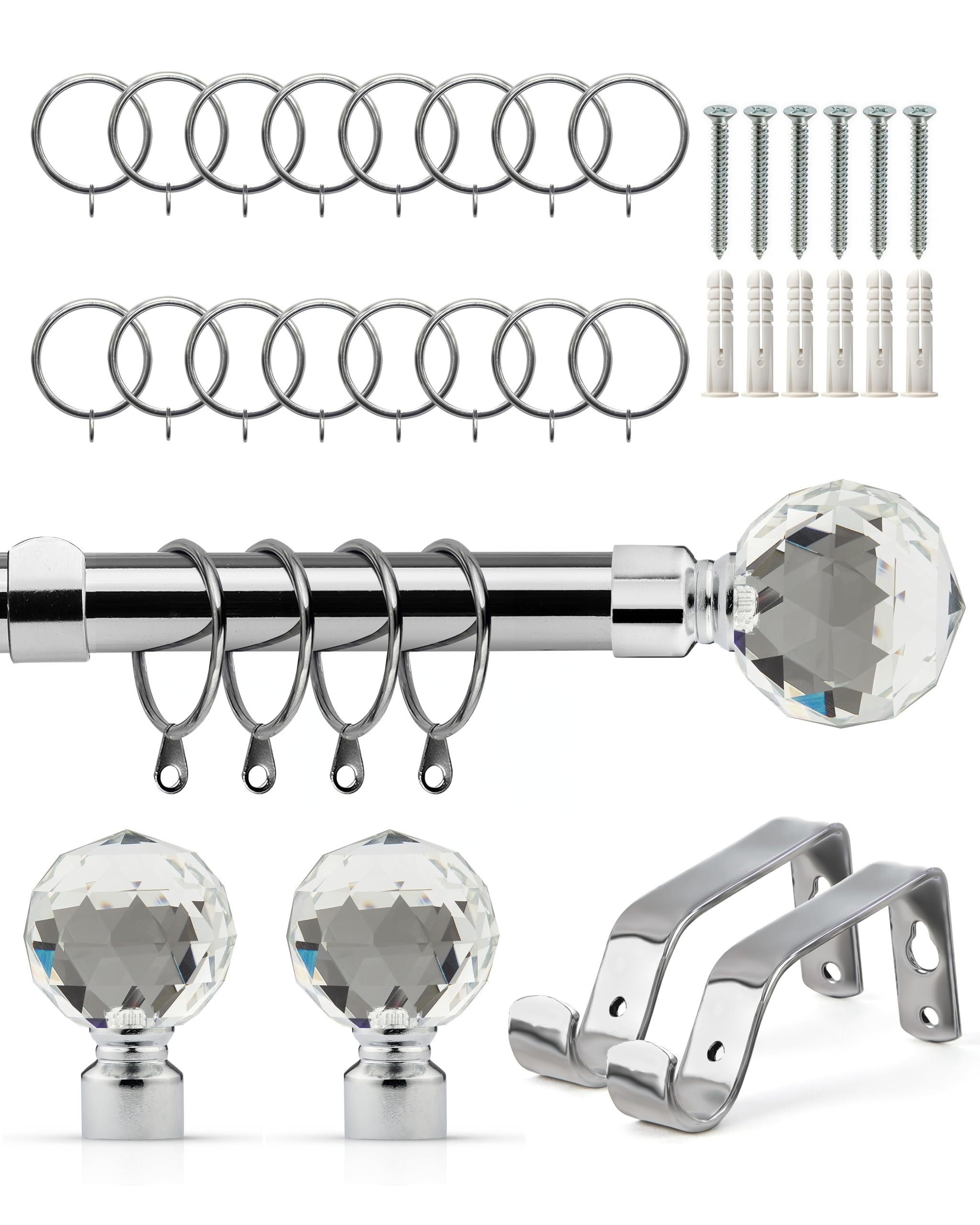 Emma Barclay Extendable Curtain Pole With Finials Rings Brackets & Fittings Sets 16-19mm in Chrome Metal Curtain Poles For Eyelet Curtains Rod - Crystal Collection 1.2m - 2.1m Chrome