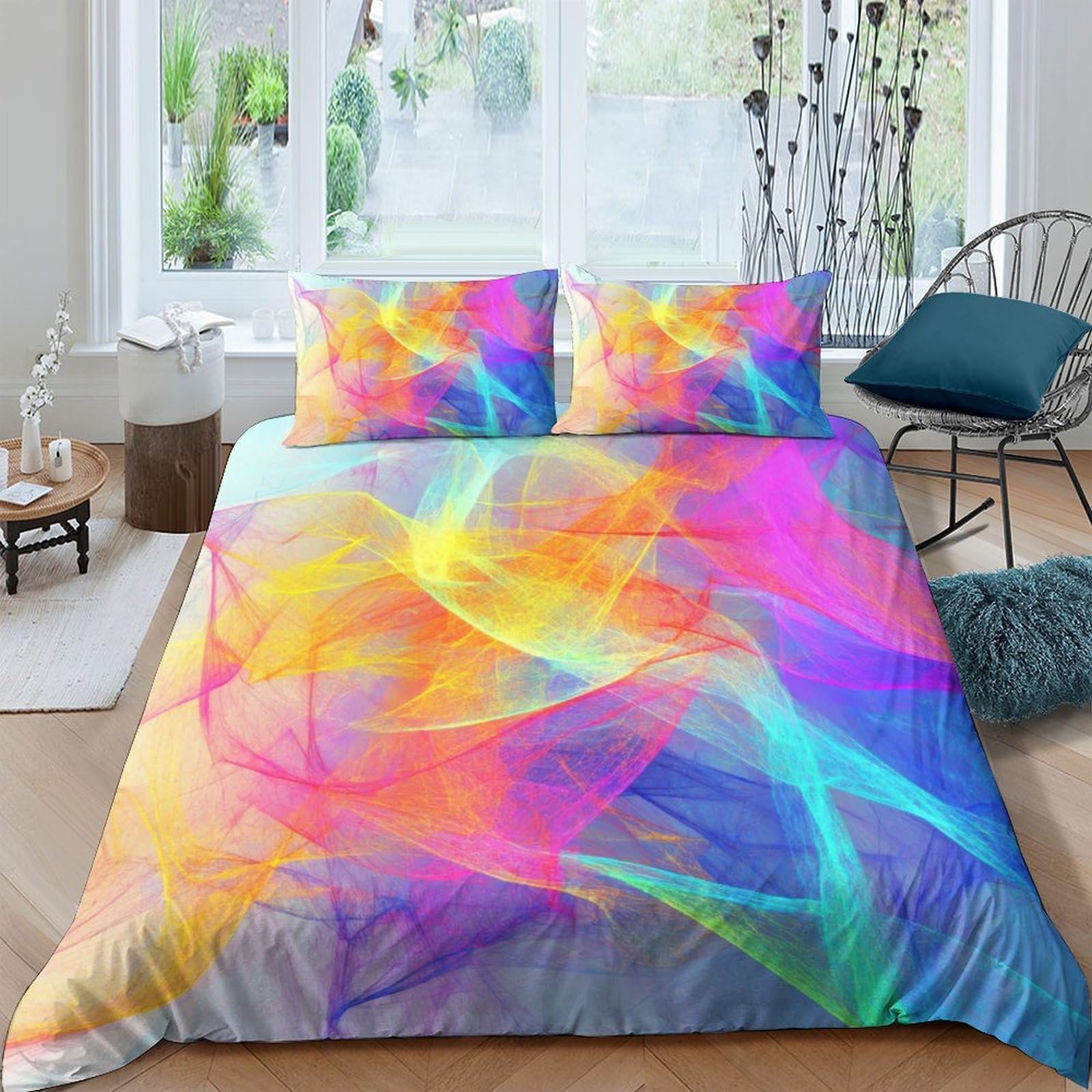 Ctjqhvkz Style-6 3D Printed Neon Swirl Fitted Sheet Microfiber Soft Abstract Rainbow Mattress Cover For Bedroom Easy Care Decor Single（135X200cm）