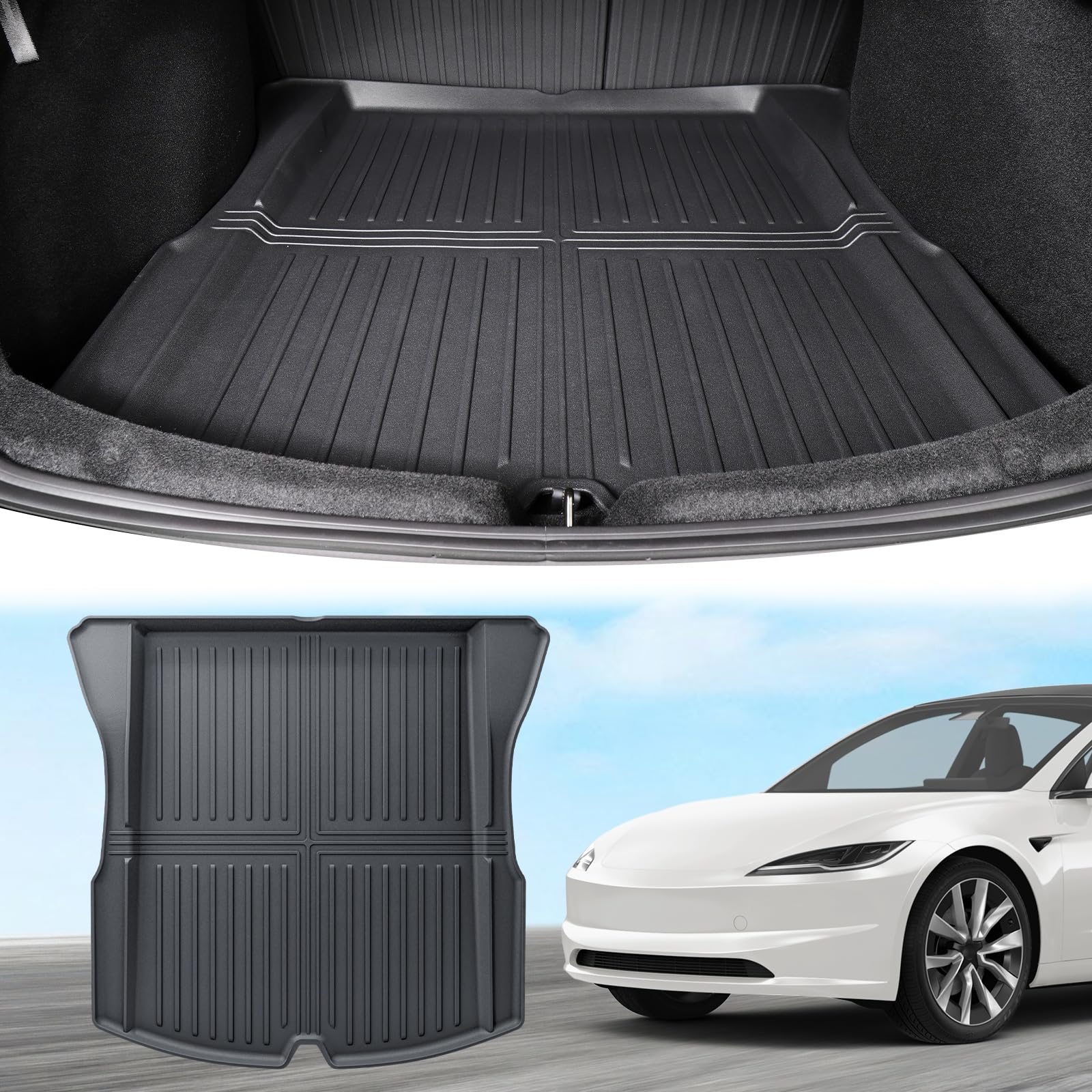ECOZEN Vasca Baule per Tesla Model 3 2024 2026 3D Specifica In TPE Proteggi Bagagliaio auto, Model 3 Tappetino del bagagliaio, con bordino rialzato, resistente impermeabile per tutte le stagioni