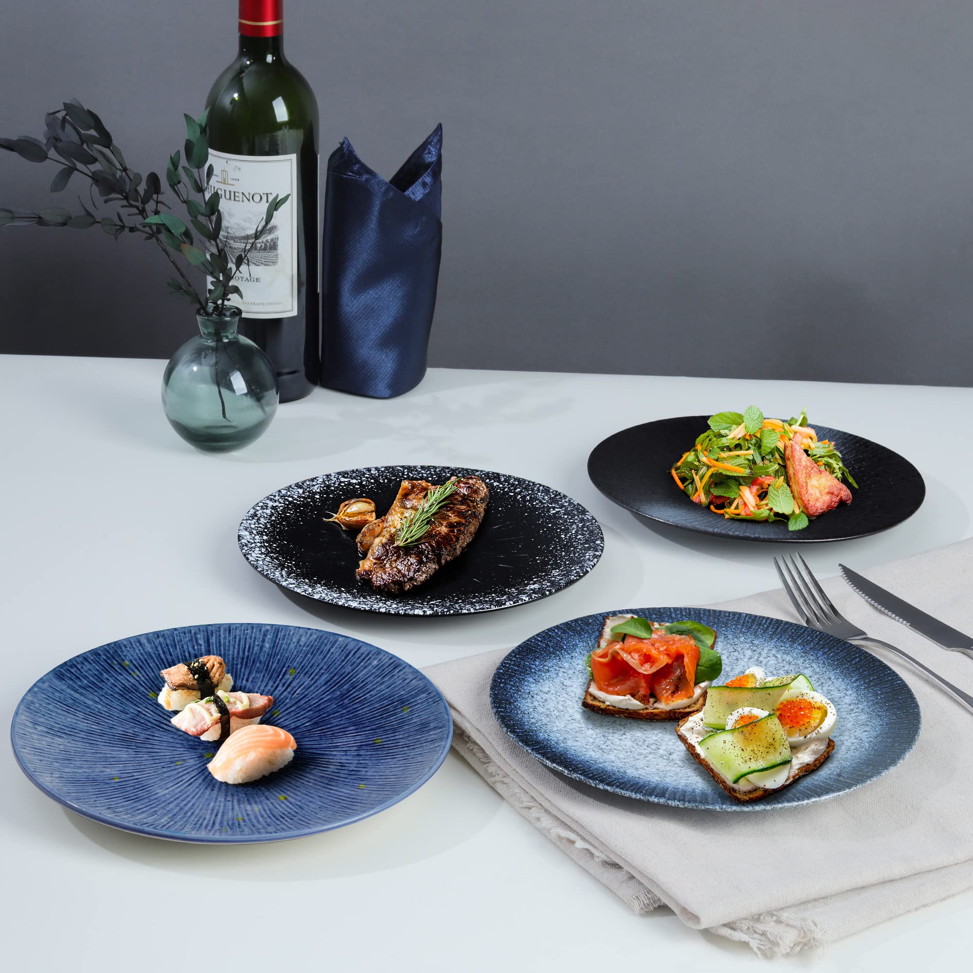 fanquare Juego de 4 Platos de Postre de 20 cm, Platos Japoneses para Ensaladas de Fruta, Helados, Platos de Porcelana Negra, Platos Aptos para Microondas