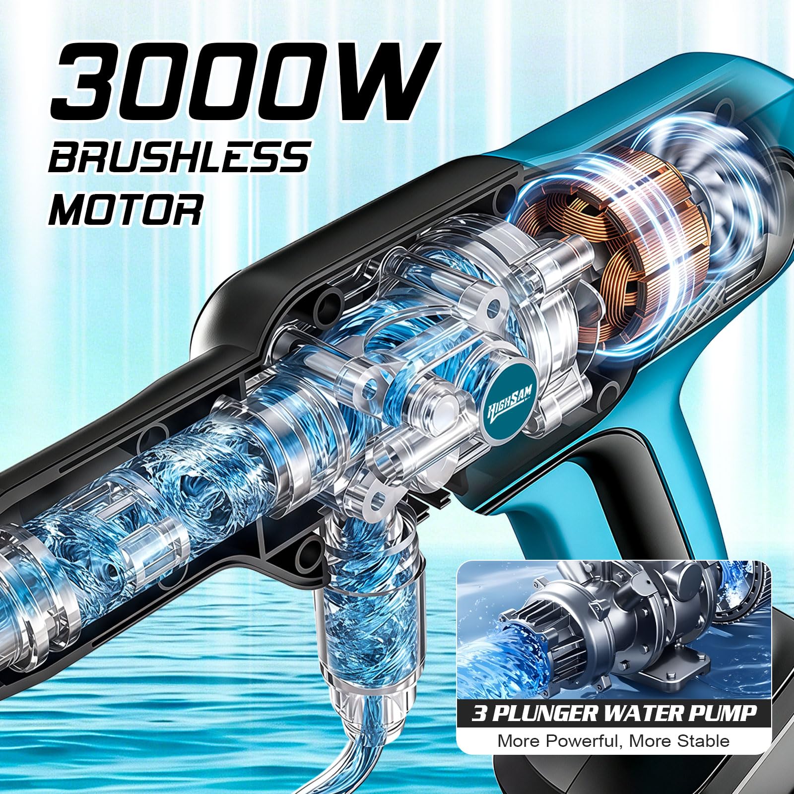 Limpiador de alta presión con batería, motor sin escobillas, 3000 W, modo de 3 marchas, máx. 120 bar, batería portátil de alta presión con 2 baterías de 4,0 Ah, boquilla giratoria 5 en 1, cabezal