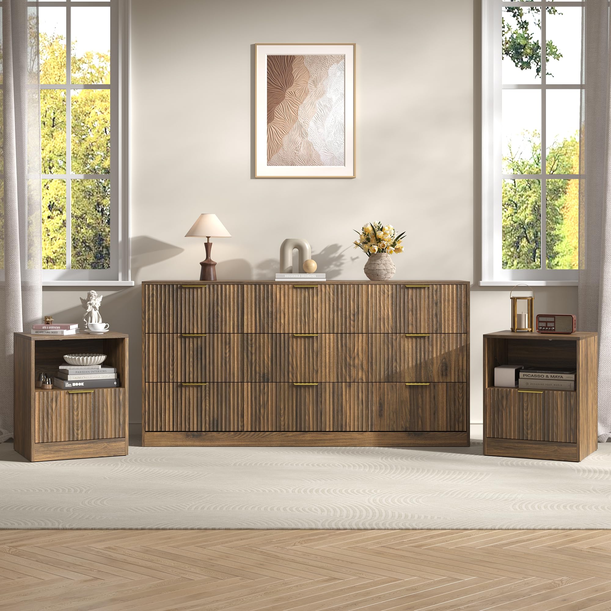 Sscaktu 3-Piece Modern Bedroom Furniture Set, Wide 9-Drawer Dresser & 1-Drawer Nightstands Set of 2, Natural Wood Dresser and Nightstand Sets for