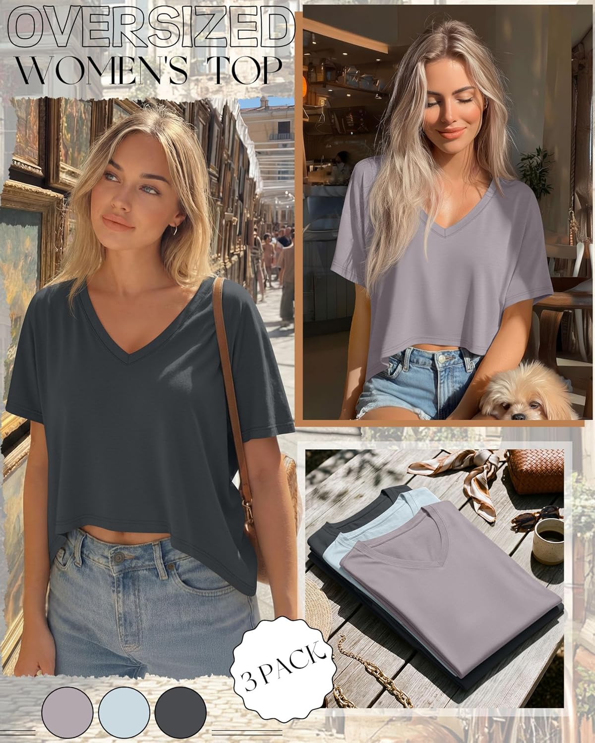 Huukeay 3 Pack Oversized T Shirts for Women Short Sleeve Crop Tops V Neck Irregular Hem Baggy Cropped Tees - Image 5