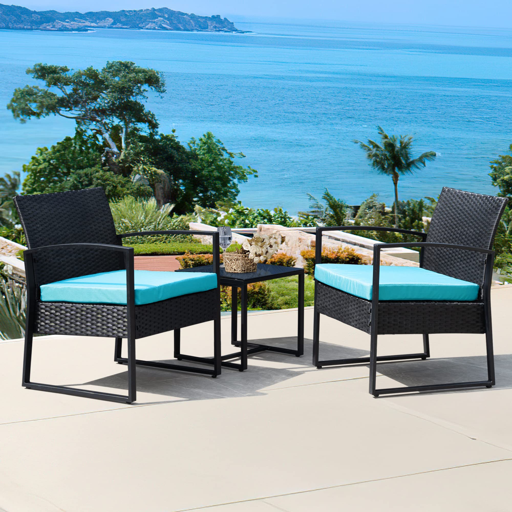 3 Pieces Outdoor Patio Furniture Set Wicker Rattan Chair Set Patio Bistro Conversation Set 3 Pcs wit
