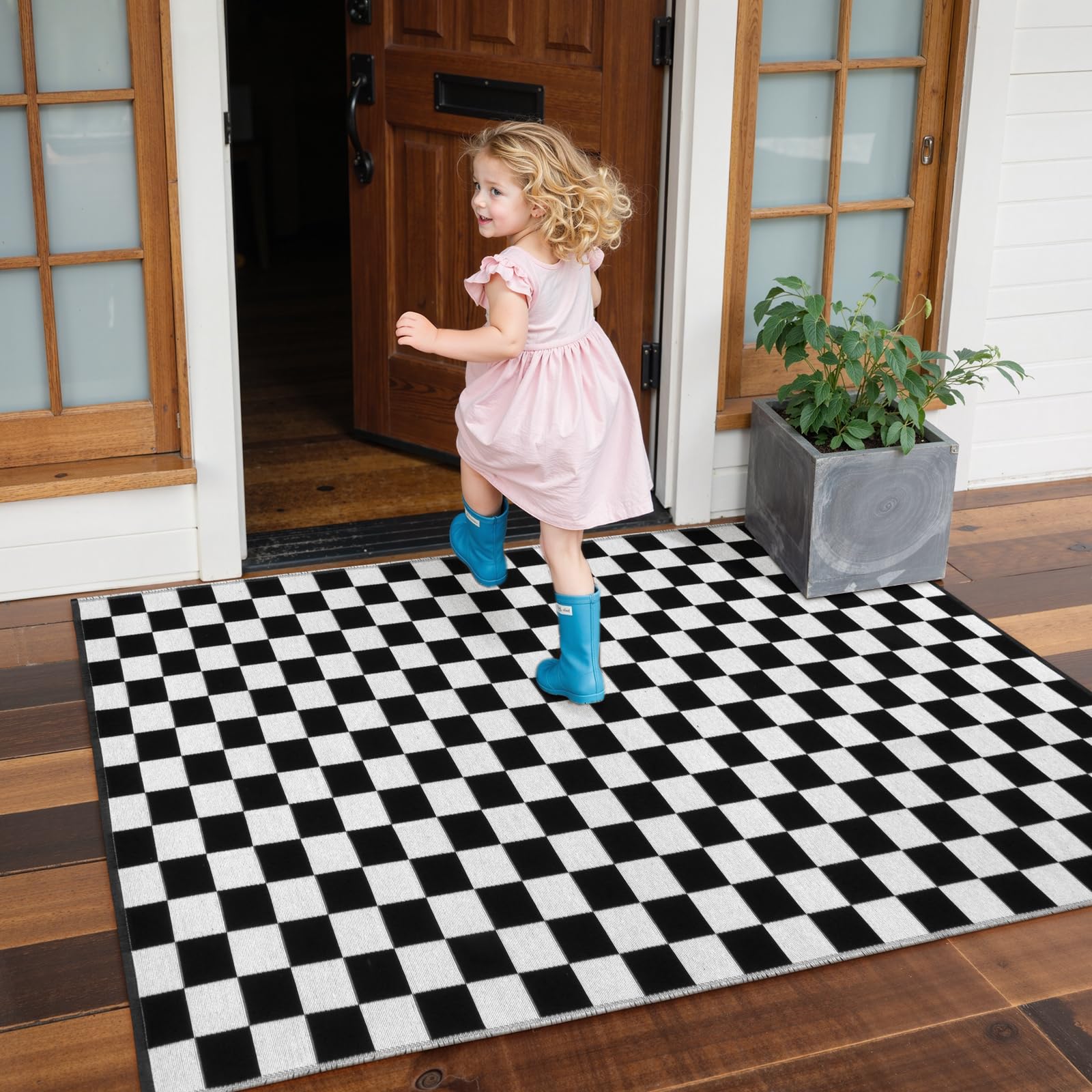 Seavish Karierter Teppich, 90x150 cm, marokkanisches Schachbrett-Teppich, schwarz und weiß, Läufer, Teppich, gewebt, wendbar, für Schlafzimmer, Wäsche, Küche, Wohnzimmer, Eingangsbereich, Heimbüro