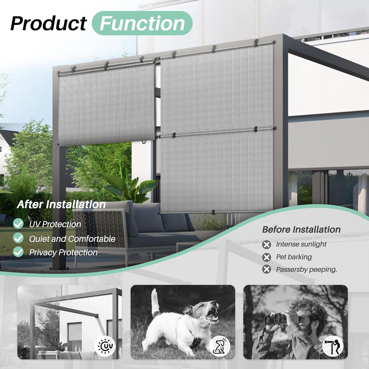 SunnyRoyal 4'W X 6'H Patio Roller Shades Foldable Sun Shade Outdoor Cordless Roll Up Blinds for Deck Backyard Porch Balcony (Grey)