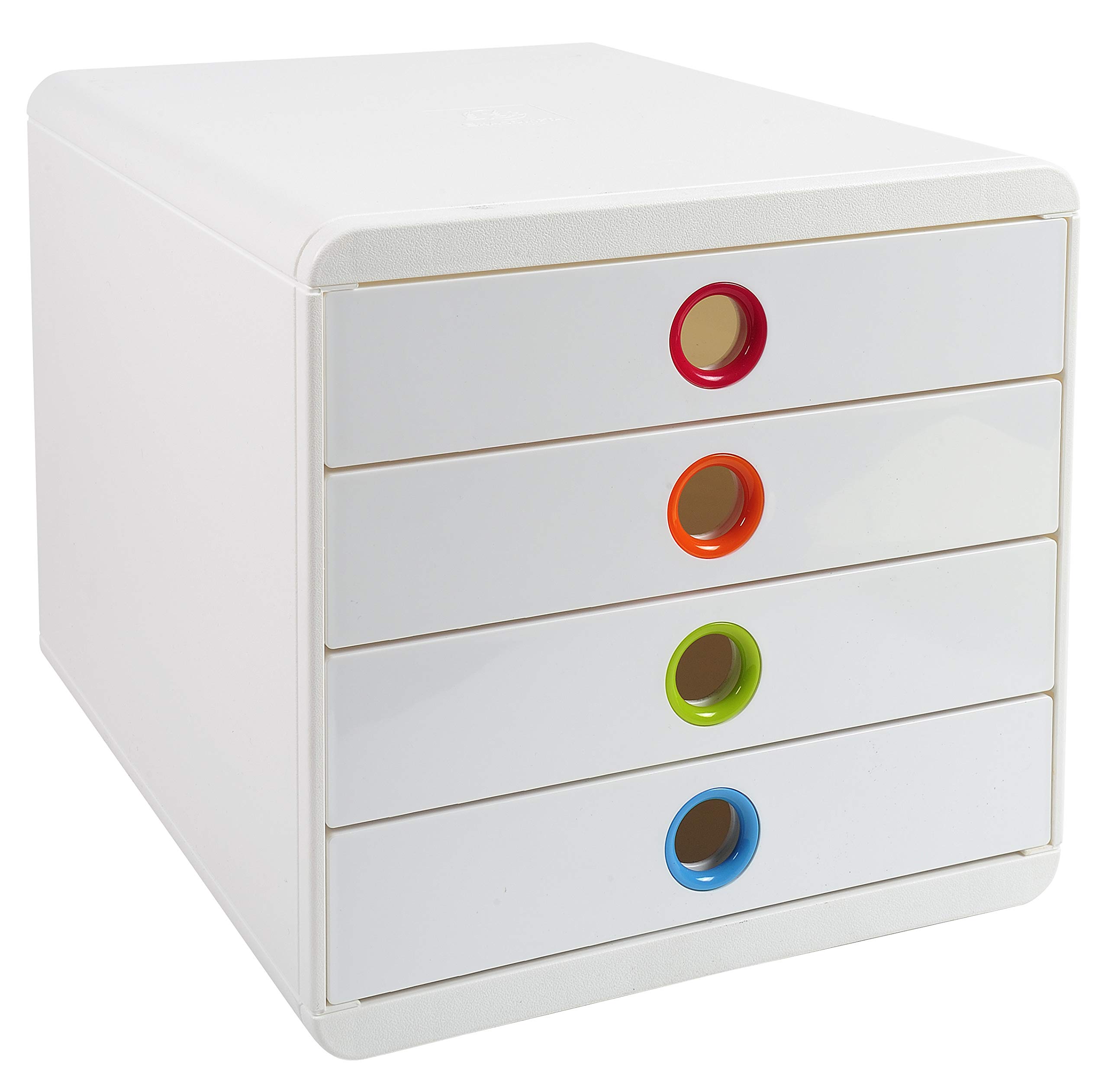 Exacompta 314398D - Módulo individual con 4 cajones para documentos A4+, ultra-rígido, cajones cerrados, con stop de seguridad - 347x278x267 mm - BIG-BOX - POP-BOX - Blanco/multicolor/blanco