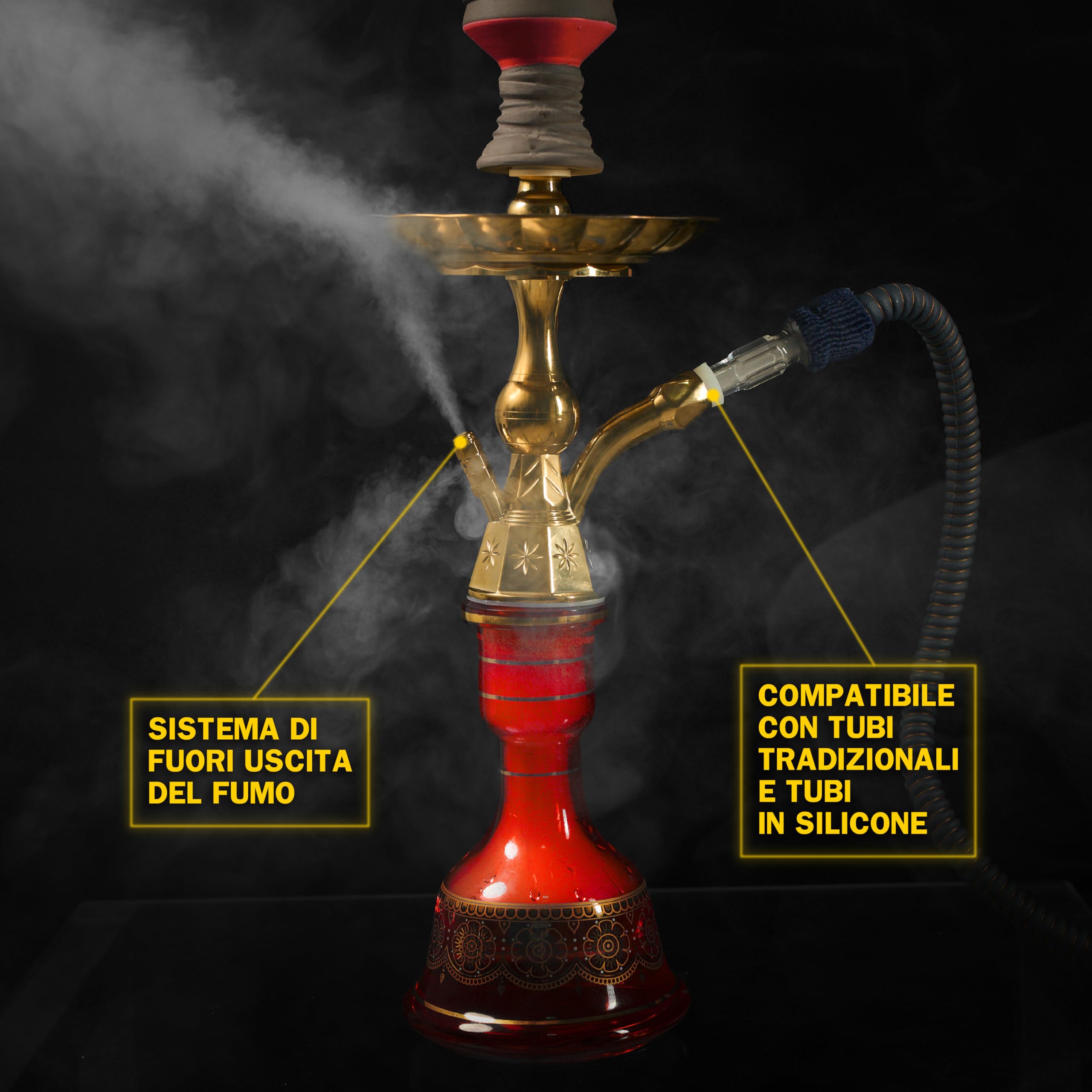 Dark Shisha Cachimba Tradicional Roja 44,5 cm | Aluminio con Base de Vidrio | Set Completo con Manguera, Cazoleta con Chimenea, Pinzas + 50 Boquillas Higiénicas de Colores
