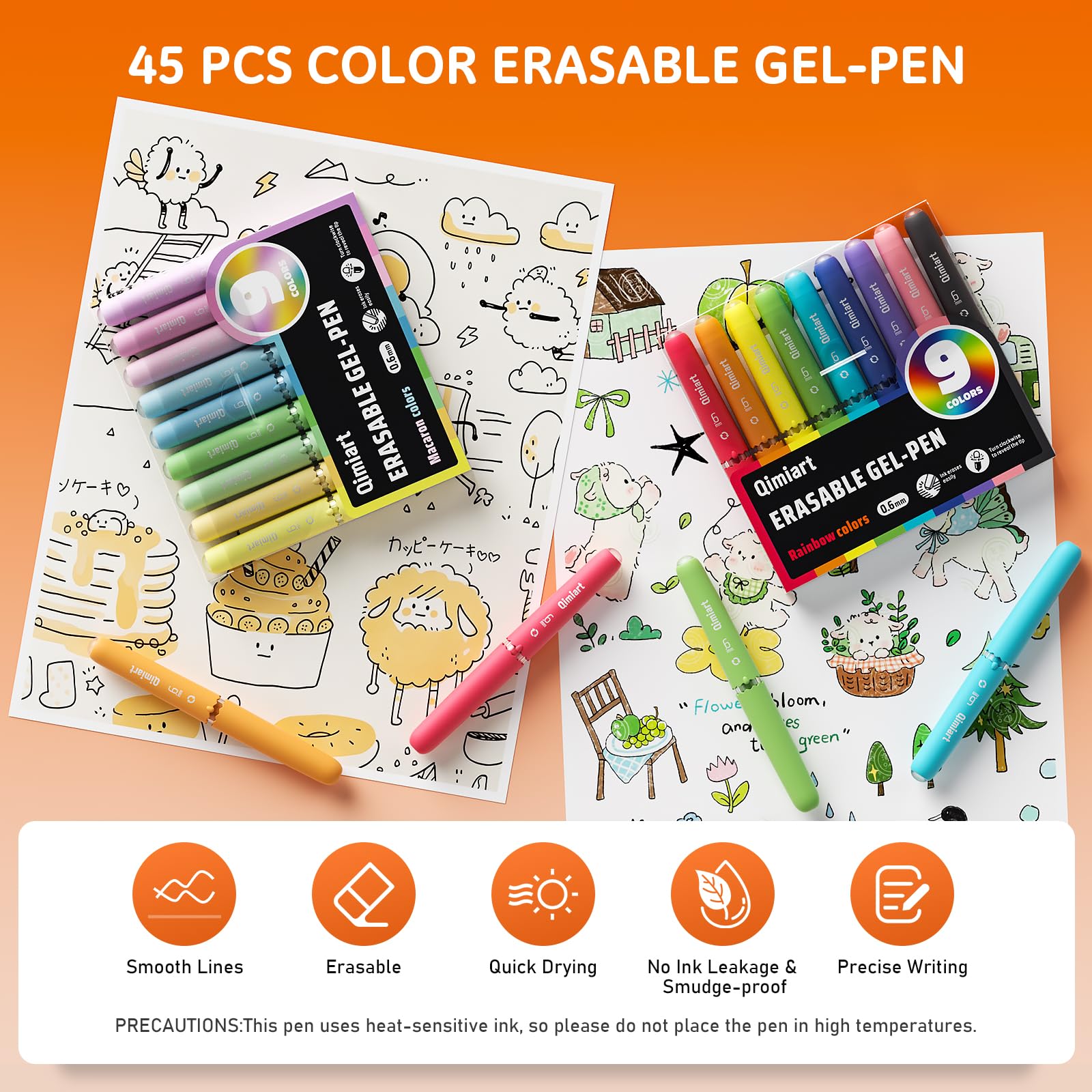 Set di 45 penne cancellabili con inchiostro cancellabile termosensibile, punta da 0,6 mm, penna gel cancellabile per materiale scolastico, forniture per ufficio, 45 colori