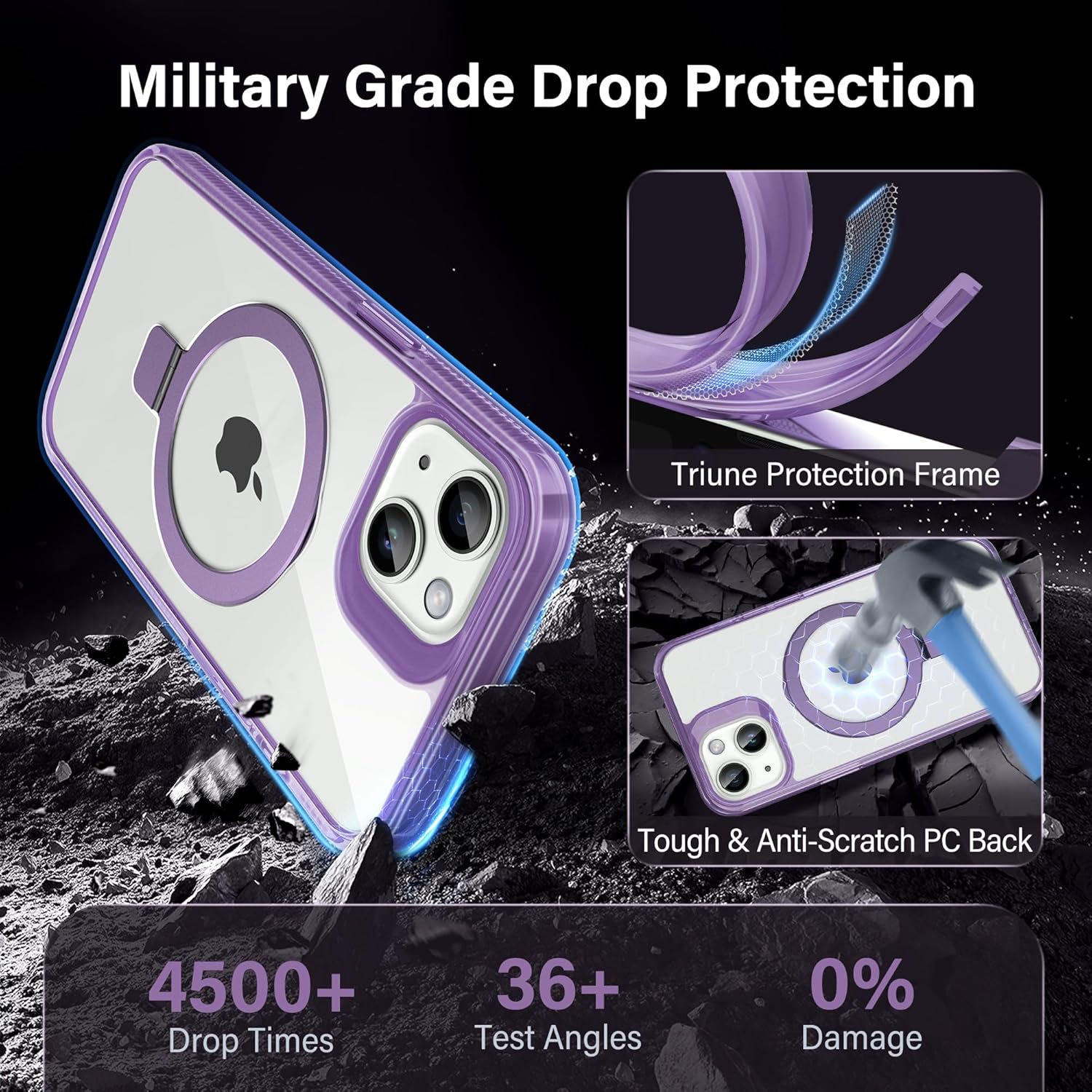 Magnetic Case for iPhone 13/14 - [Built-in Invisible Stand] [Compatible with MagSafe] [Military Grade Drop Protection] Anti-Yellowing Hard Back Silicone Edge Cover, 6.1", Clear Purple - Image 4