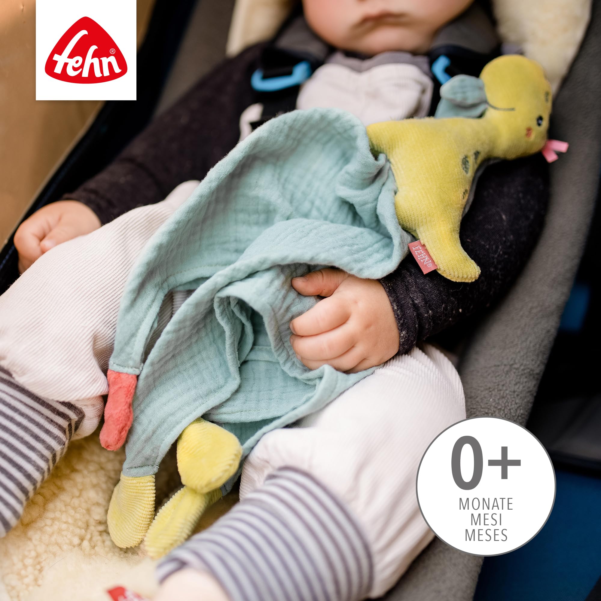 Fehn 051032 Schmusetuch Dino – Spielkamerad, Einschlafhilfe & Stofftier-Schnuffeltuch mit Baumwolle-Musselintuch & Spielfigur Zum Knuddeln, Greifen & Liebhaben – für Babys & Kleinkinder AB 0+ Monaten