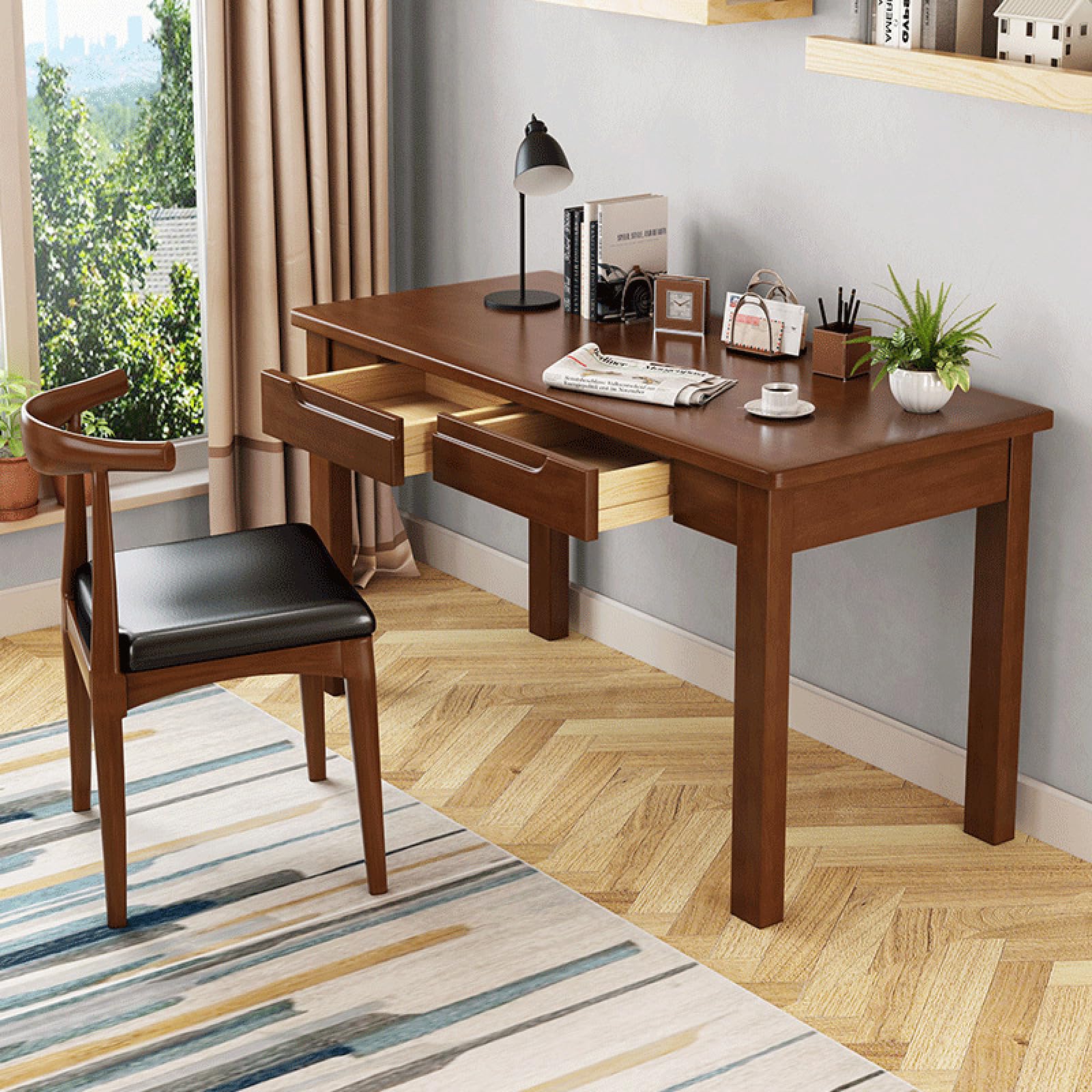 Escritorio de Madera de Roble 100% Macizo: Mesa de Estudio pequeña con 2 cajones, Escritorio de Oficina en casa Sencillo y Moderno, Escritorio de computadora (39 Pulgadas, Nogal)