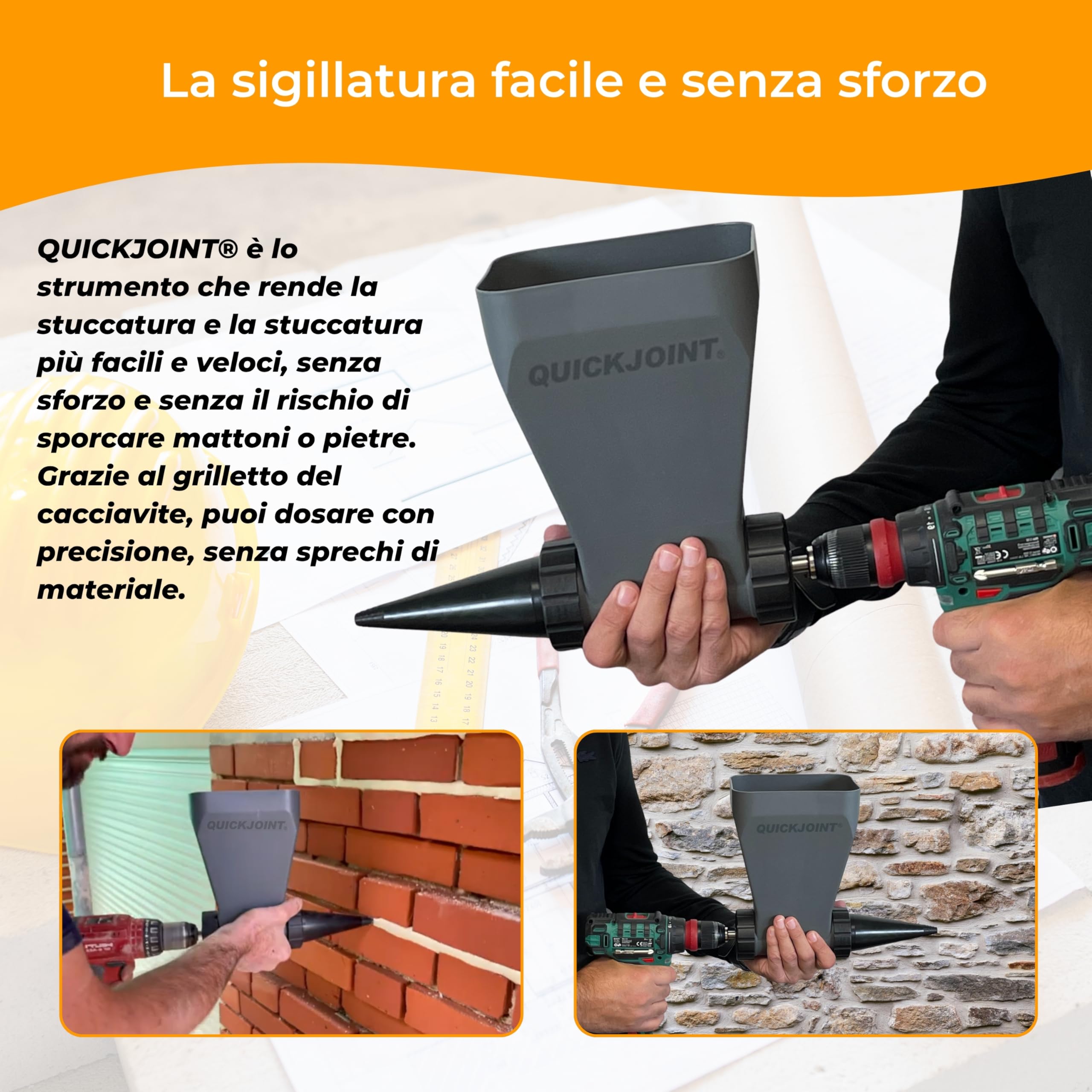 QUICKJOINT Giuntatrice – Applicatore Rapido per Malta, Compatibile con Trapano/Avvitatore, Dosaggio Preciso, per Muri in Pietra e Pavimenti, Adatta a Tutti i Tipi di Giunti Fini