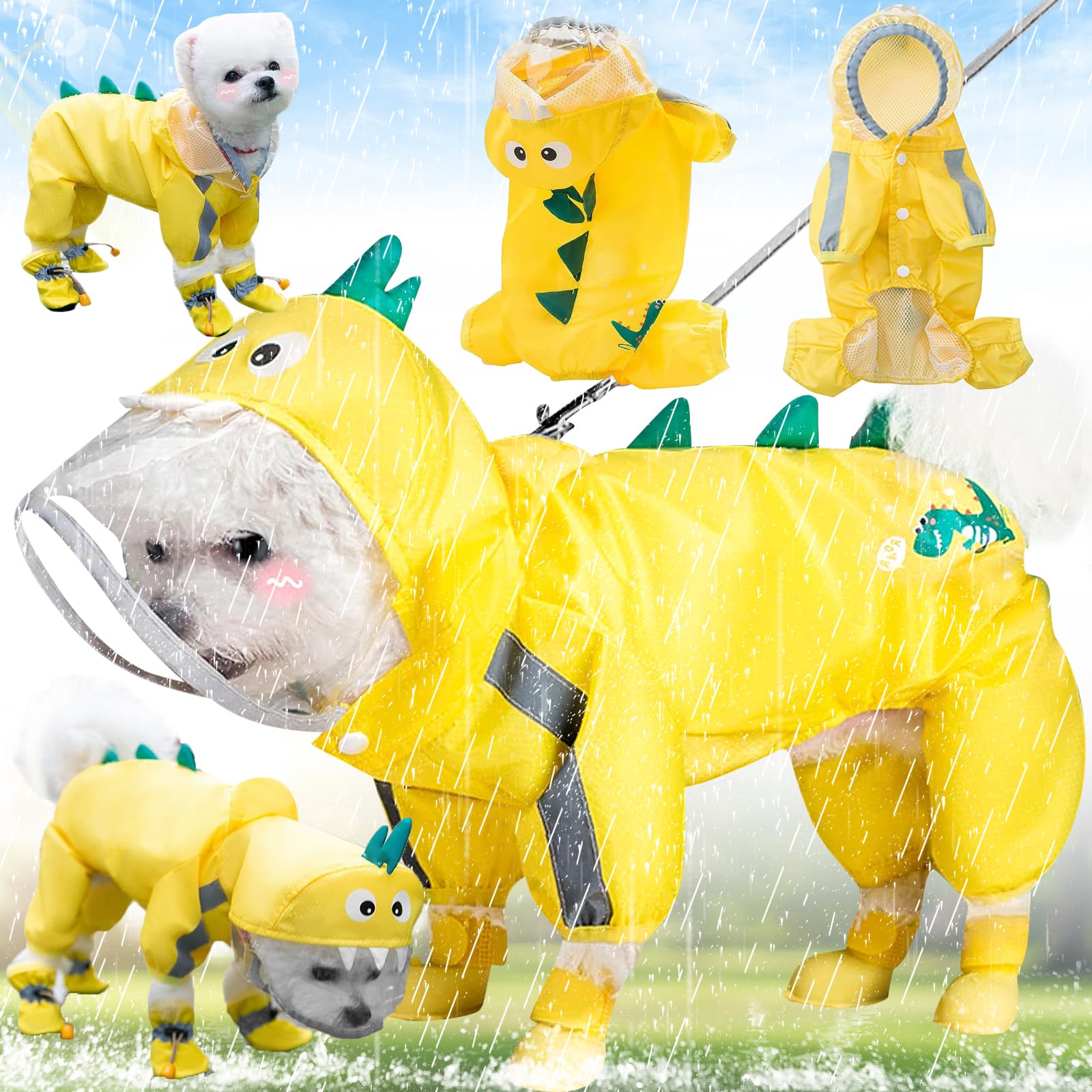 Mikqky Chubasquero Impermeable para Perros, Chubasquero para Perros Pequeños, El Impermeable para Perros Es Ajustable, Chubasquero Lindo con Capucha para Perros, con Transpirable Red(L, Amarillo)