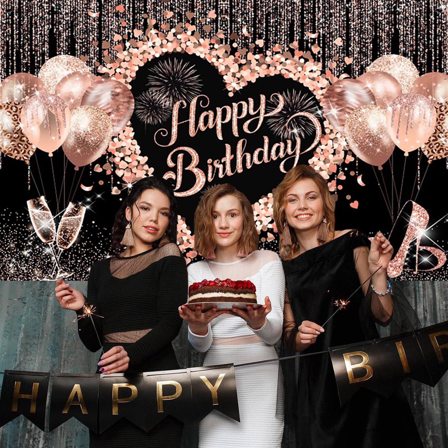 3x2.4m Sfondo Buon Compleanno Rosa Glitter Palloncini Tacchi alti Champagne Vetro Fotografia Sfondo Donne Ragazze Decorazioni Festa di compleanno Banner Photo Booth Props