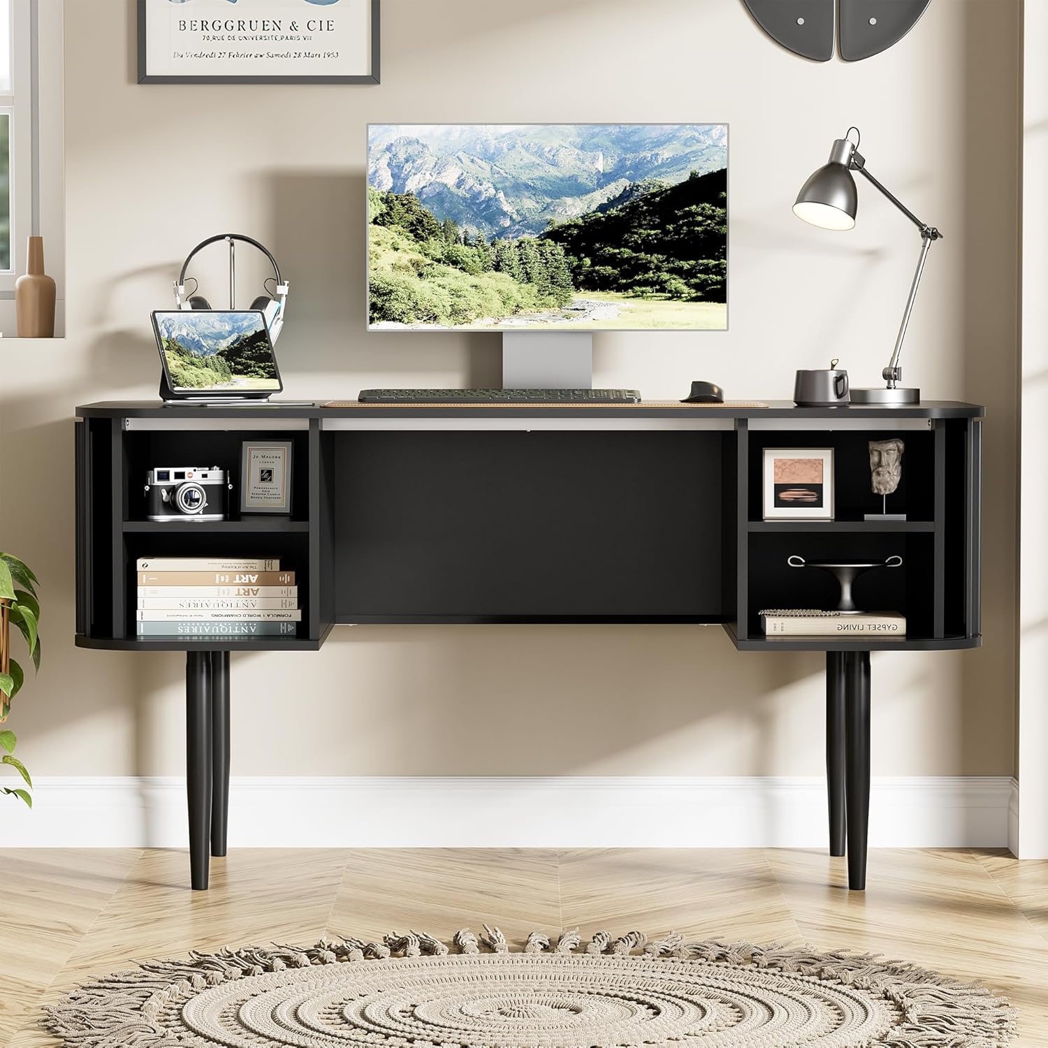 55" Modern Writing Desk with Sliding Doors, Wood Home Office Desk with Storage, Computer Desk for Study, Living Room, Dorm, Black