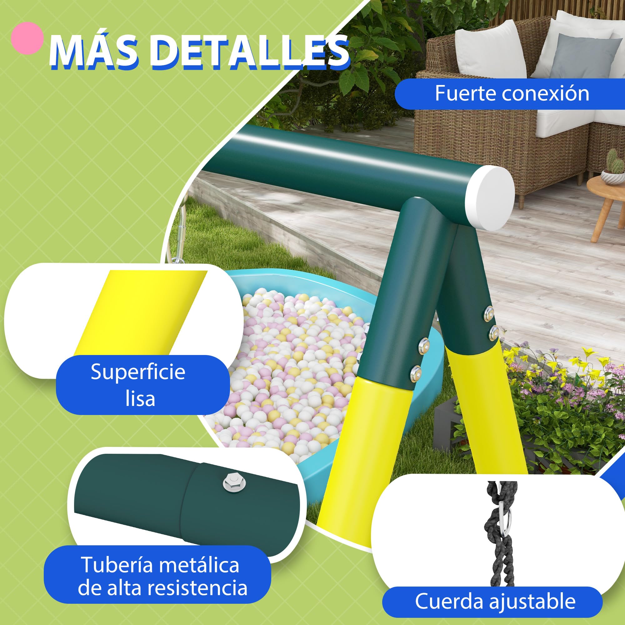 Outsunny Columpio Infantil 4 en 1 Exterior Nido Niños 3 a 8 Años Amarillo | Columpio Individual, Red para Escalar, Canasta de Baloncesto, Escalera, Carga 160 kg, Parque Infantil