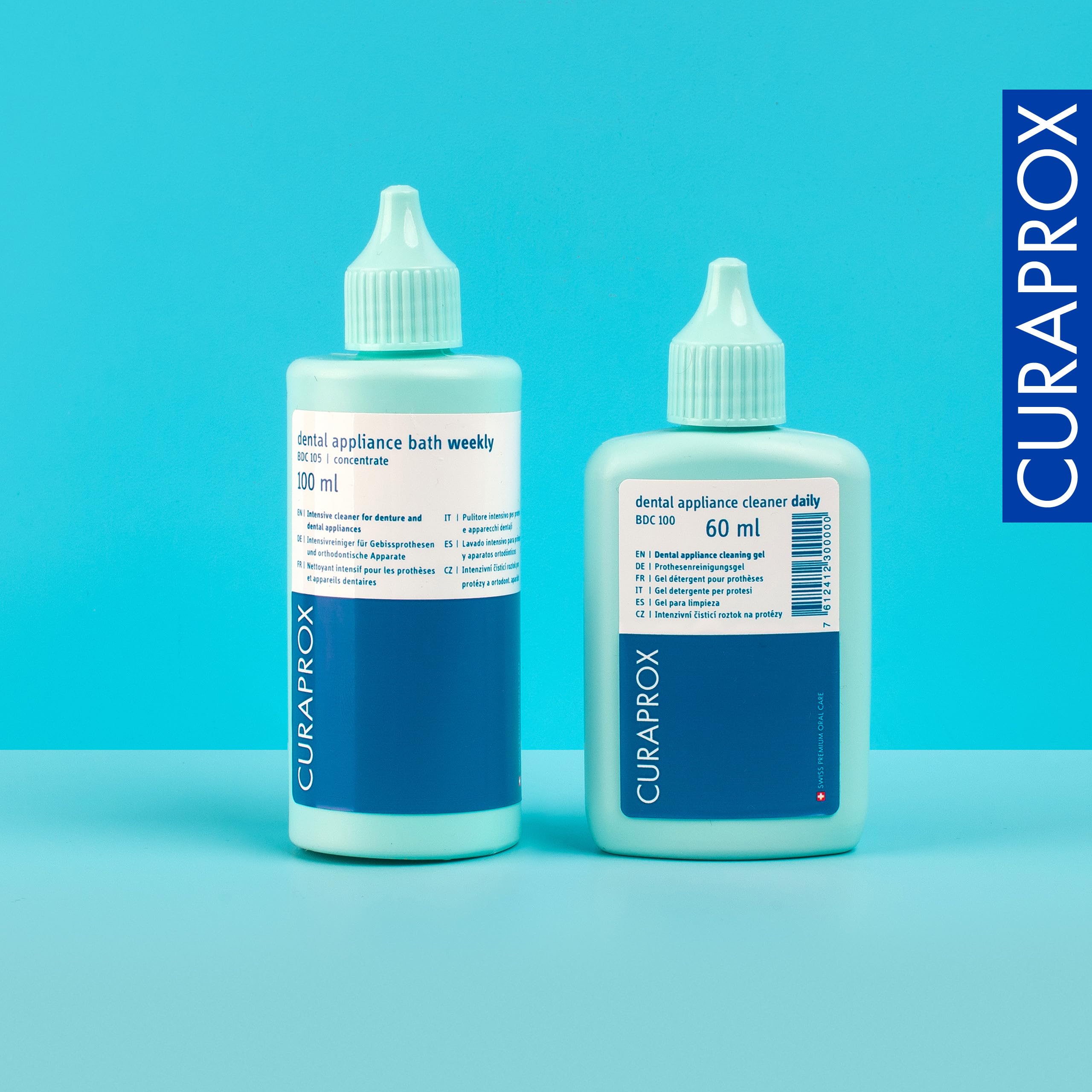 Curaprox BDC Juego de Limpieza Kit de Cuidado Completo para Dentaduras Postizas y Retenedores/Incluye Gel Diario, Concentrado Semanal, Cepillo y Caja de Limpieza/Hecho en Suiza