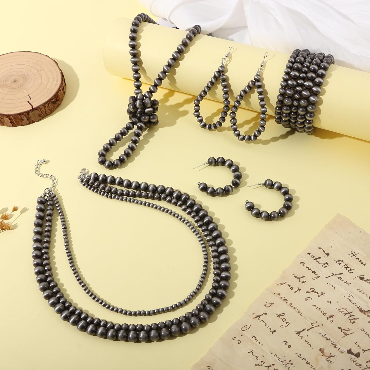 SONNYX Navajo Pearl Jewelry Set for Women - Pearl Necklace, Beaded Bracelet, Dangling Earrings, Multilayer Boho Vintage Choker Necklace - Western Jewelry for Cowgirl - Image 7