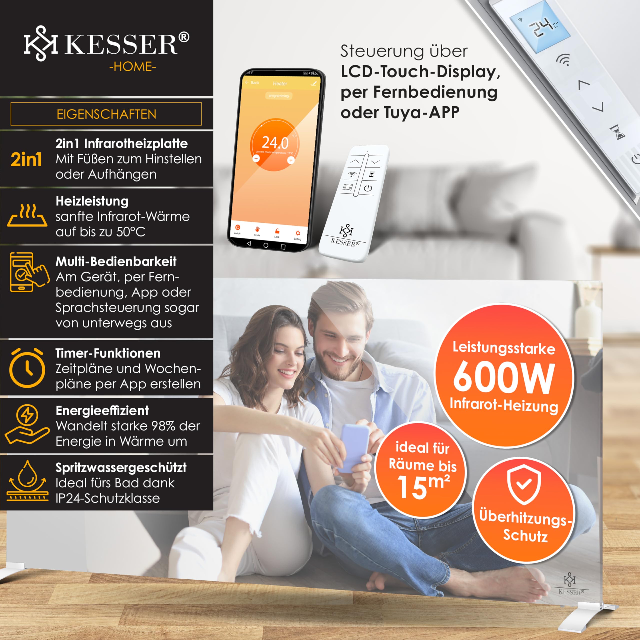 KESSER® Riscaldamento a infrarossi, 600 W, a risparmio energetico, 2 in 1 e montaggio a parete, rilevazione finestra aperta, telecomando