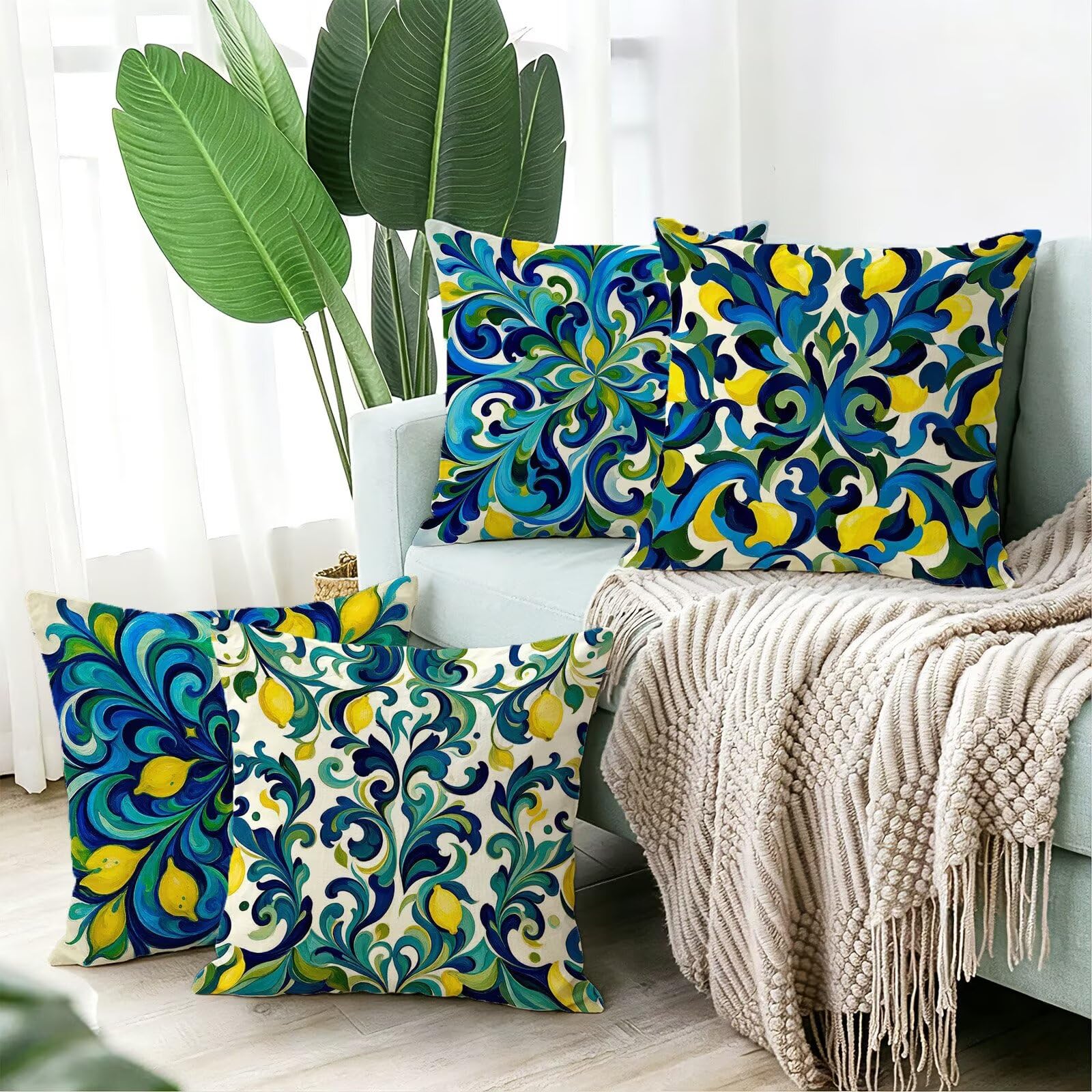 Cojines Exterior Azul Funda Almohada 45x45 Impermeables Juego de 4, Cod-478