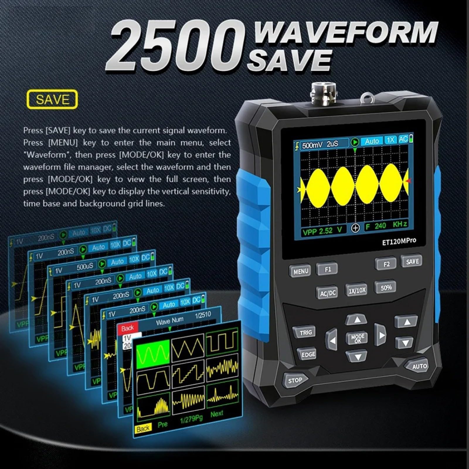 ET120MPro, oscilloscopio digitale 120 MHz 500 MS/s con sorgente di segnale 3 MHz, tester automobilistico 2 in 1 per diagnostica auto, istruzione e laboratorio, design portatile con batteria