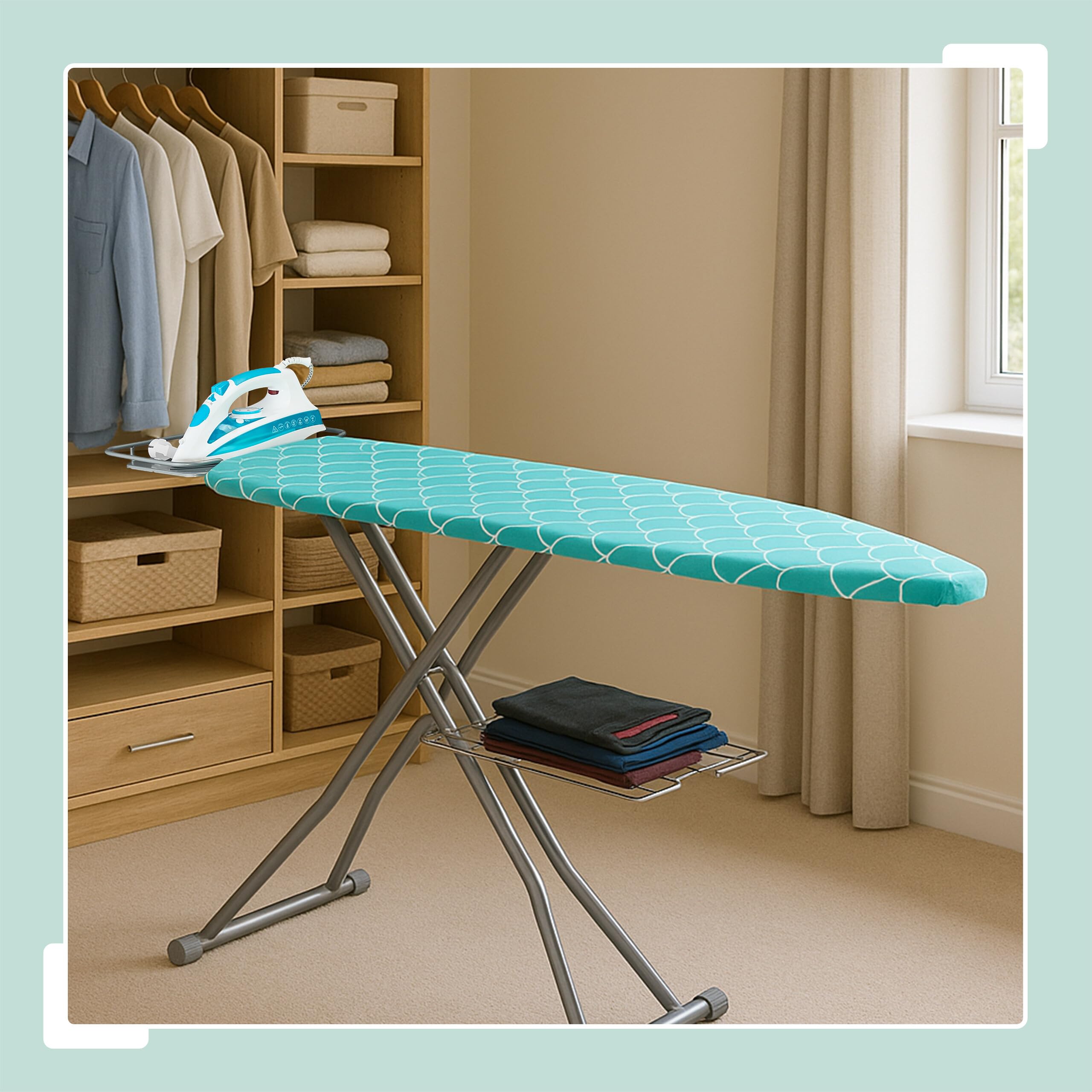 Relaxdays ASSE da Stiro Pieghevole, Tavolo Ferro a Vapore, Piano per Stirare Salvaspazio, 115x39 cm, Copriasse, Turchese