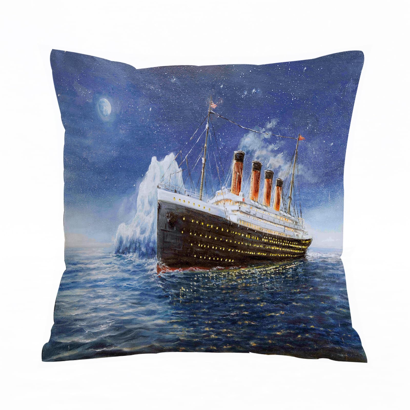 Errtu Riginal Oil Painting Of Titanic And Iceberg - A1 Throw Pillow Case Pillowcase Square Printed Cushion Cover For Living Room Sofa Couch Bed Car,Riginal Oil Painting Of Titanic And Iceberg In Ocean At Night On Canvas.full Moon And Stars,16X16 In