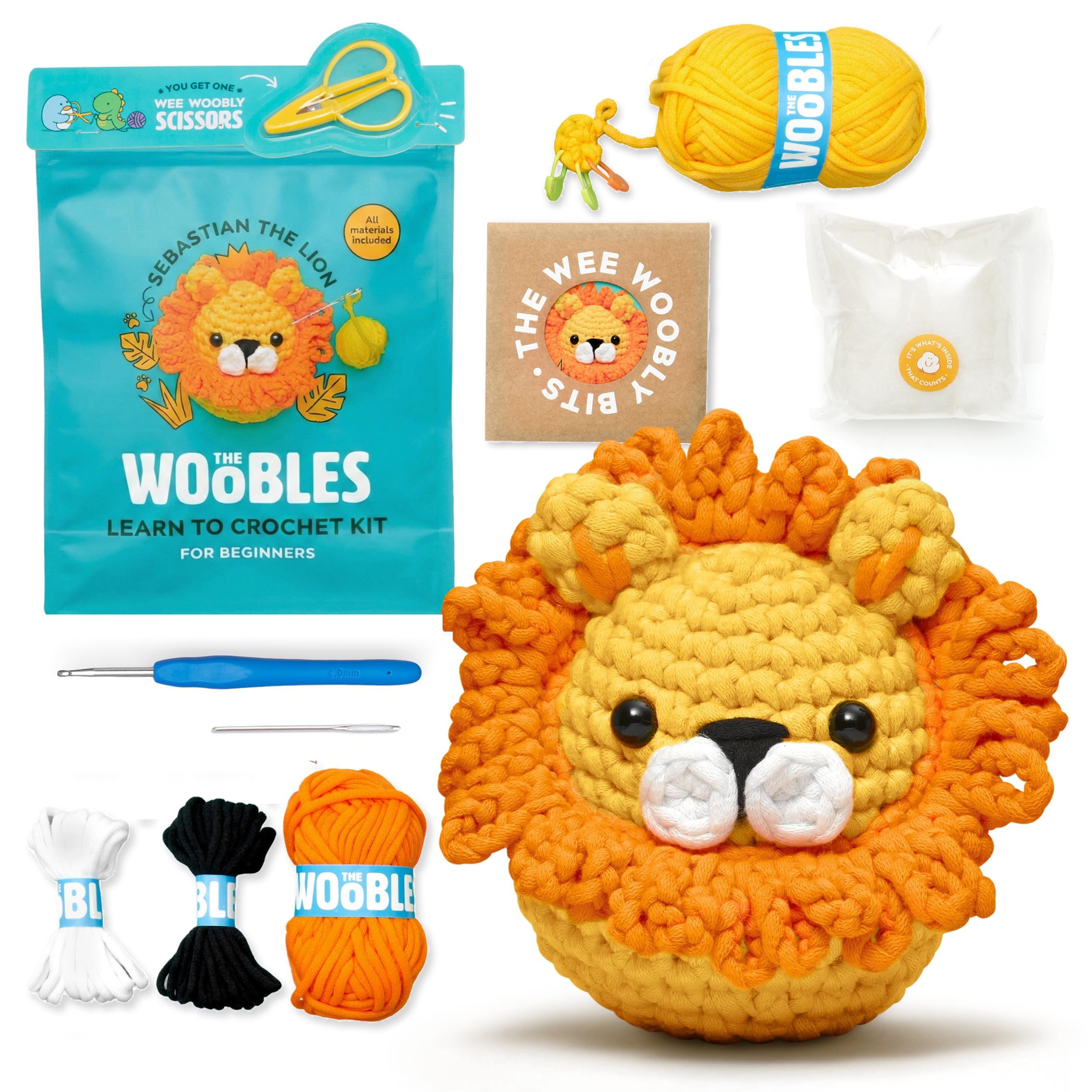 The Woobles Beginner Crochet Kit with Scissors Kit - Sebastian the Lion
