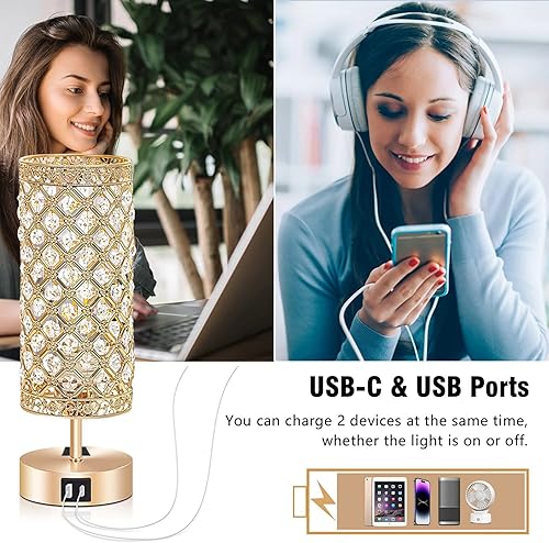 Miniatura 3 de Lámpara de mesa de cristal dorado, lámpara de escritorio para mesita de noche, control táctil, luz nocturna para mujer, decoración de dormitorio,