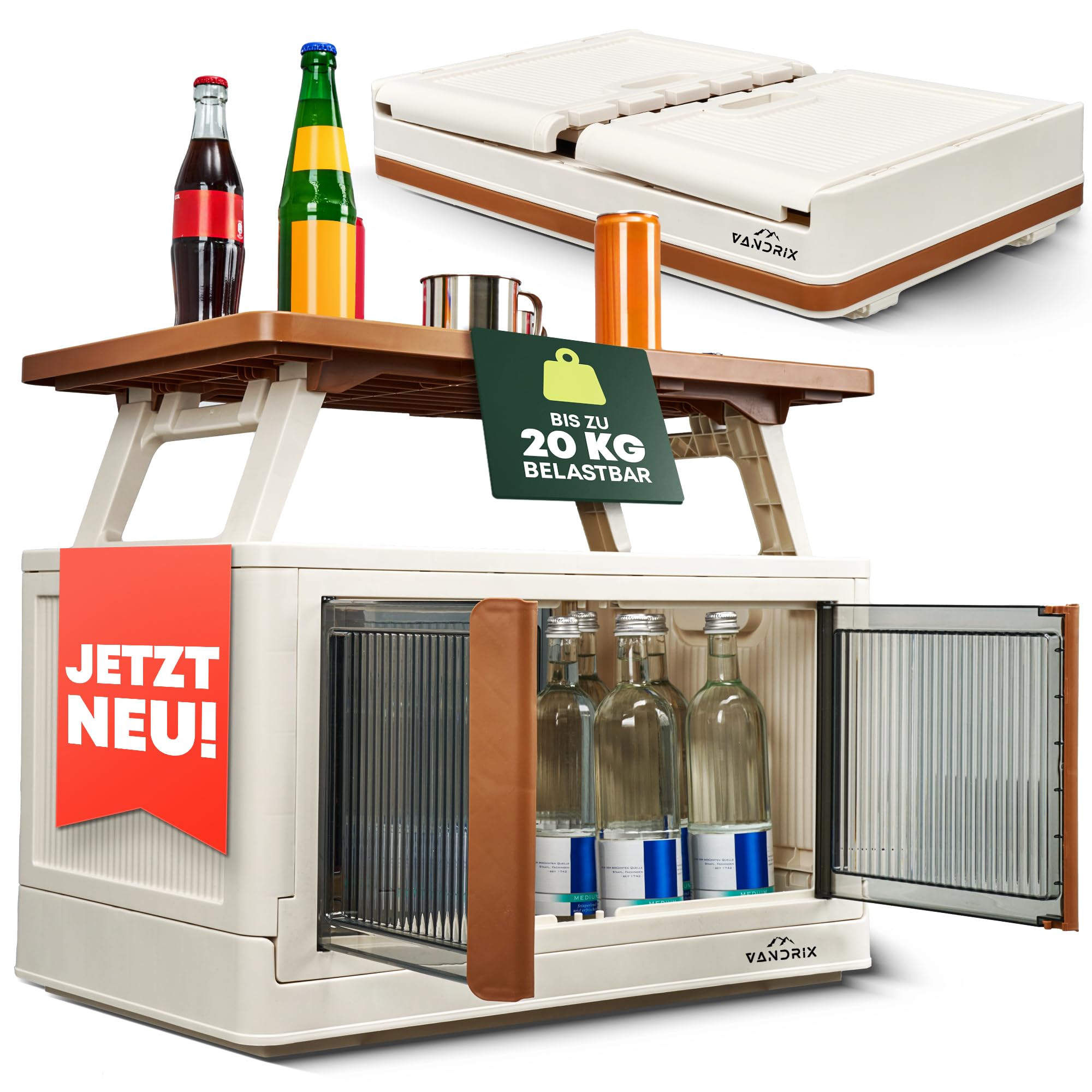 VANDRIX Campingschrank faltbar mit Tischfunktion – Ultraleicht (3,9 kg), in 1 Min. aufgebaut, wetterfest, 20 kg Traglast, stabil auf Sand/Kies, ideal für Vanlife, Zelt & Outdoor Reisen
