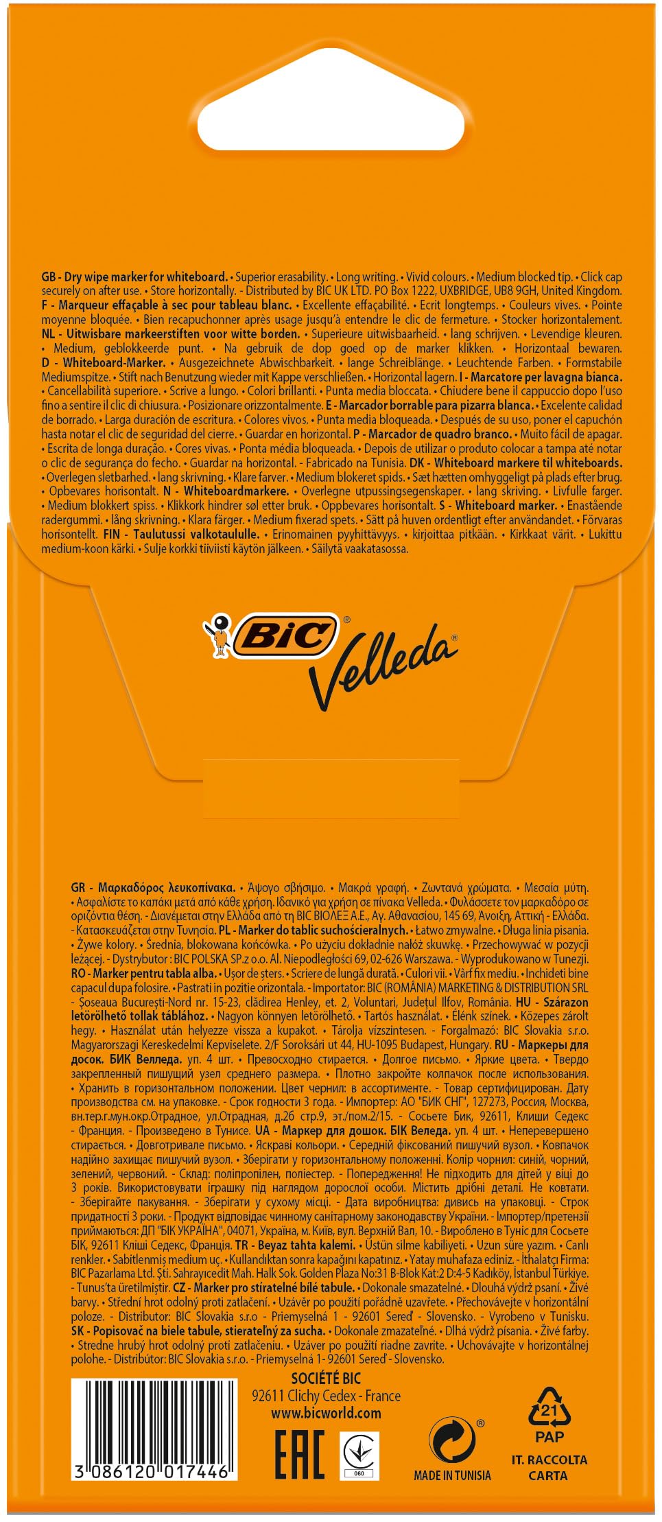 BIC Velleda 1741 - Rotuladores de pizarra blanca, punta media (4.5mm), caja de 4 unidades, colores surtidos