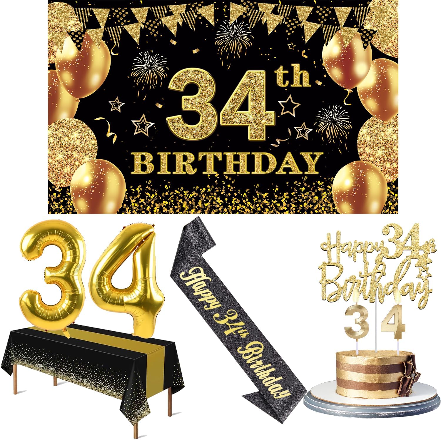 34th Birthday Decorations Men Women with 34th Birthday Banner, Black and Gold Table Cloth, Number Balloons, Large Sash, Cake Topper and Candles
