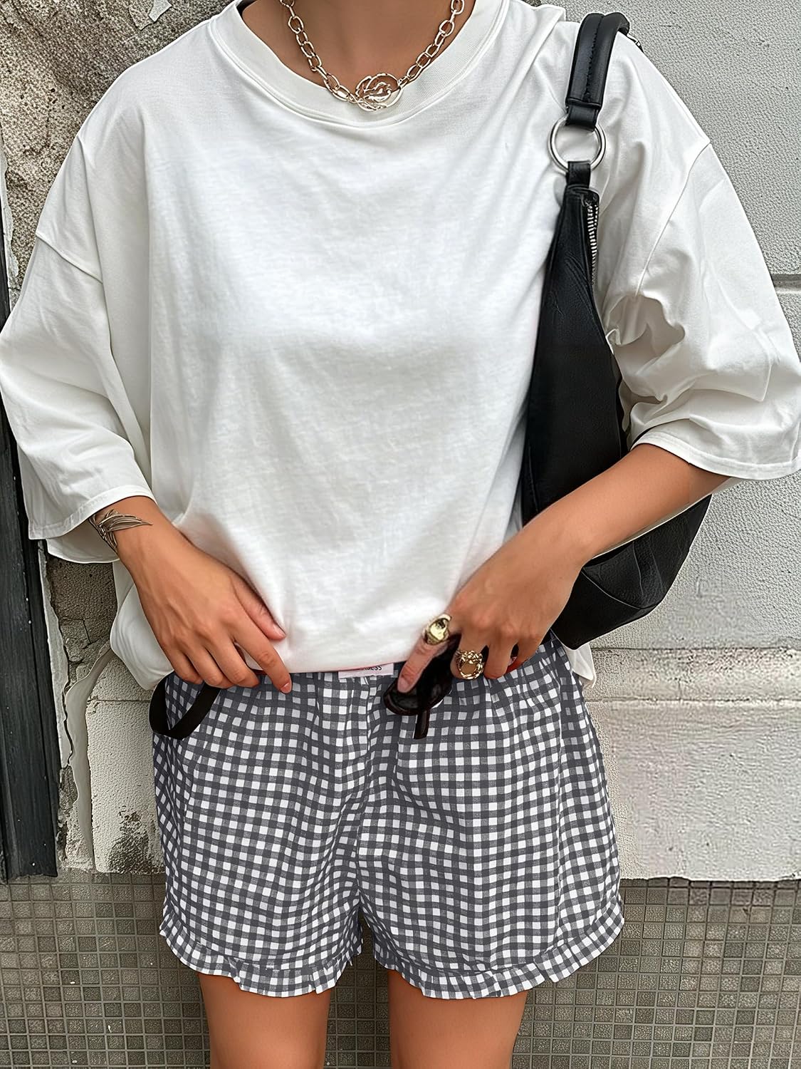 ANRABESS Boxer Shorts for Women,Gingham Plaid Elastic Waist Ruffle,Perfect for Lounge,Pajama&Sleep,Cute Casual Summer Bottoms