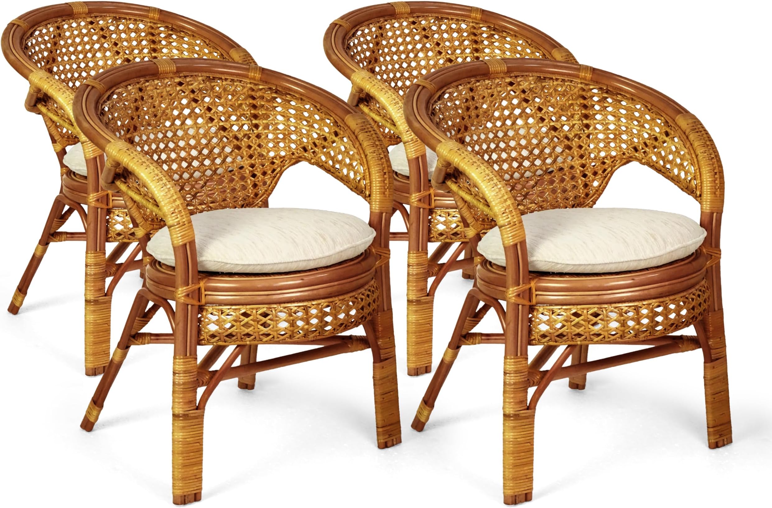 Set of 4 Pelangi Handmade Rattan Dining Wicker Chairs Colonial Color w/Cream Cushion