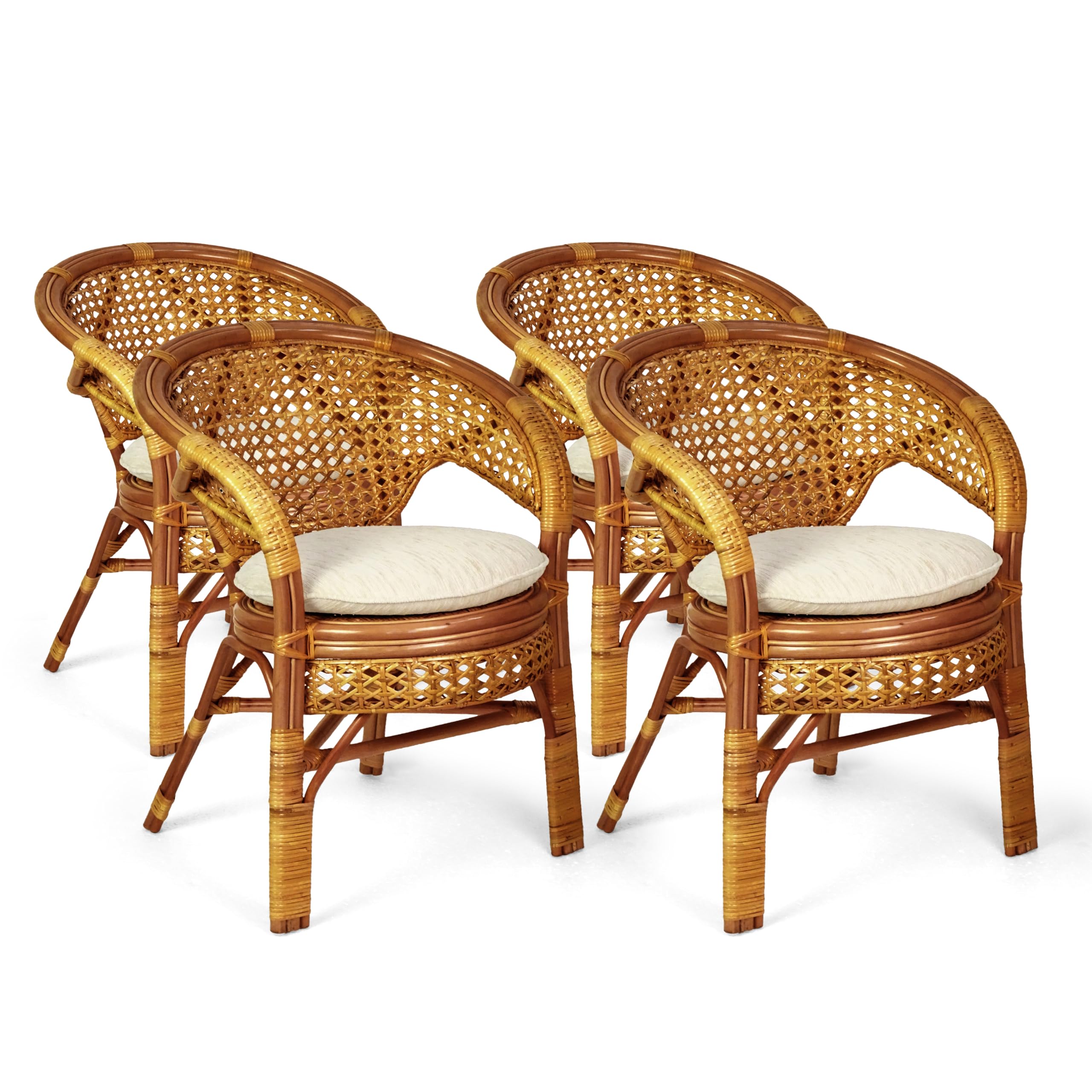 Set of 4 Pelangi Handmade Rattan Dining Wicker Chairs Colonial Color w/Cream Cushion