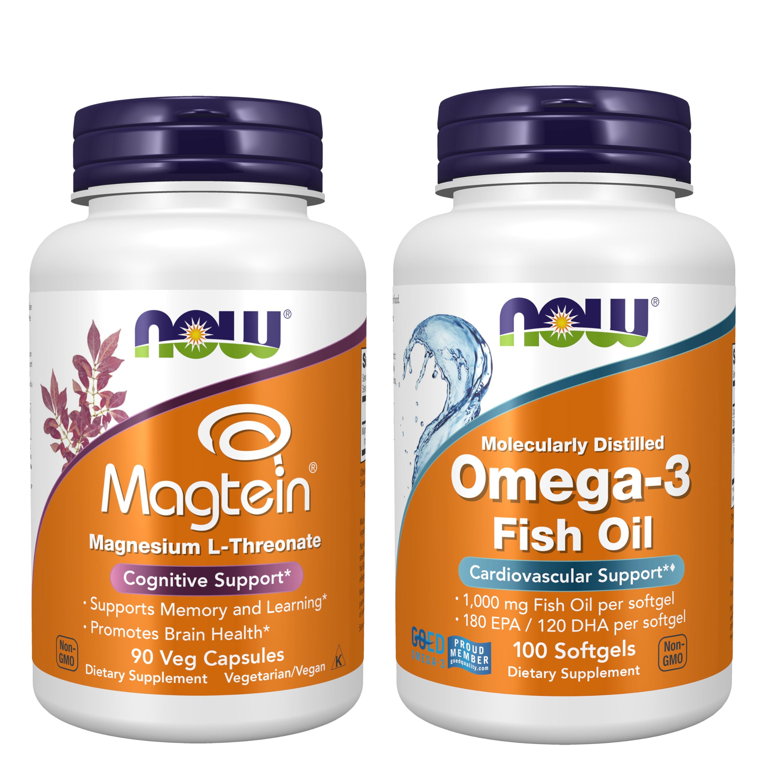 Now Foods Neuro-Cardio Bundle - Magtein® + Omega-3 Fish Oil Supplements 190 Count (Pack of 2)