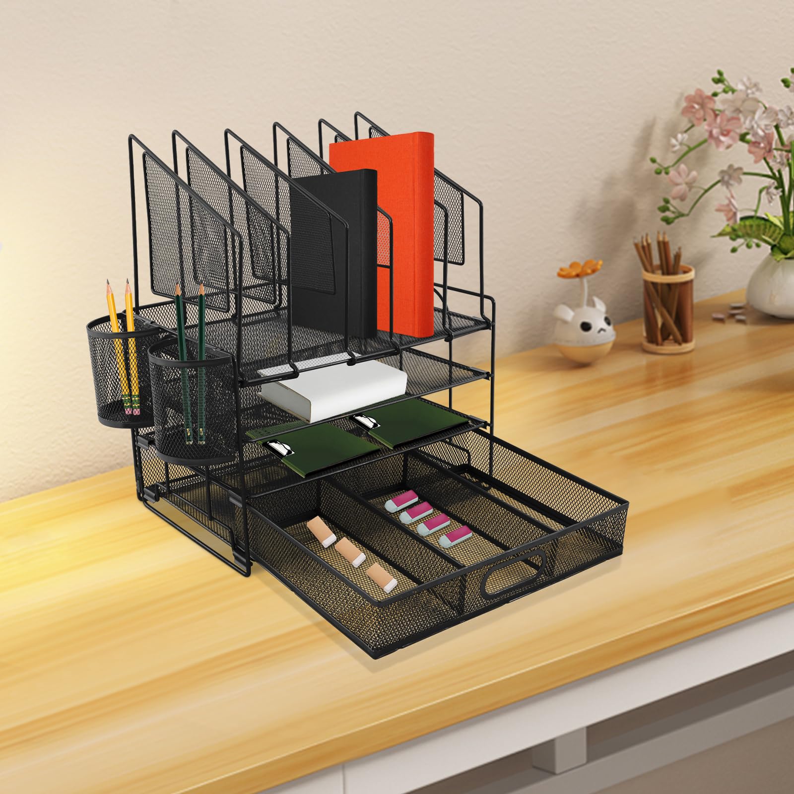 Organizer da scrivania con cassetti, in metallo, con 2 portapenne, in rete rimovibile, con 5 scomparti verticali, per scuola, casa, ufficio, ufficio, 32,6 x 22,8 x 41 cm (nero)