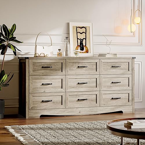 Cómoda de 9 cajones para dormitorio, cómoda de madera moderna con manijas de metal, diseño antivuelco, organizador de almacenamiento robusto y