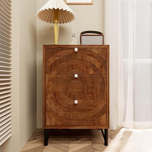 Mesita de noche Mid-Century moderna, mesita de noche con 3 cajones para sala de estar, dormitorio, marco de metal industrial, color marrón disponible en Yaxa Costa Rica