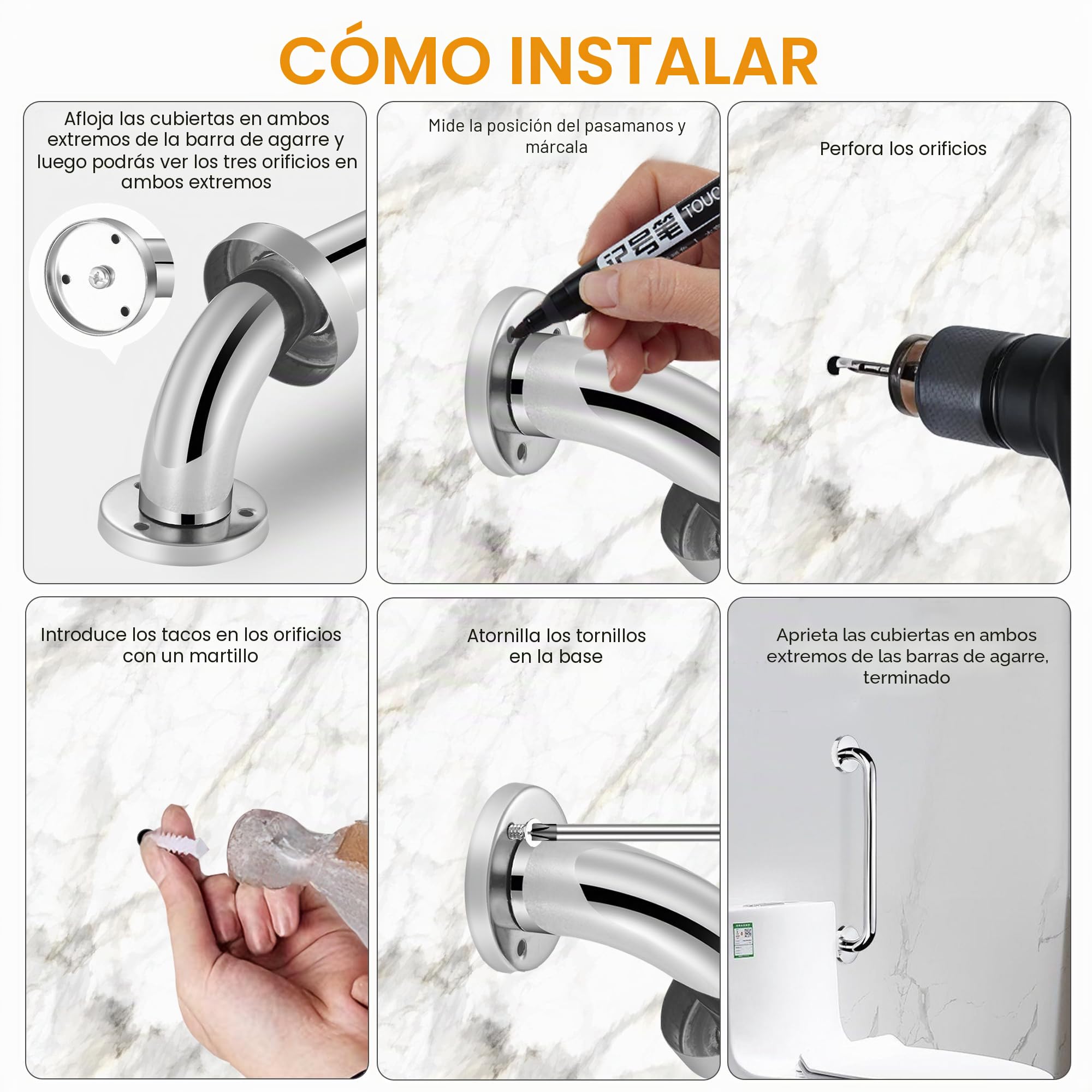 Barra de agarre antideslizante para baño, de acero inoxidable 304, para cocina, dormitorio, baño, ducha y escaleras (50 cm - 1 unidad)