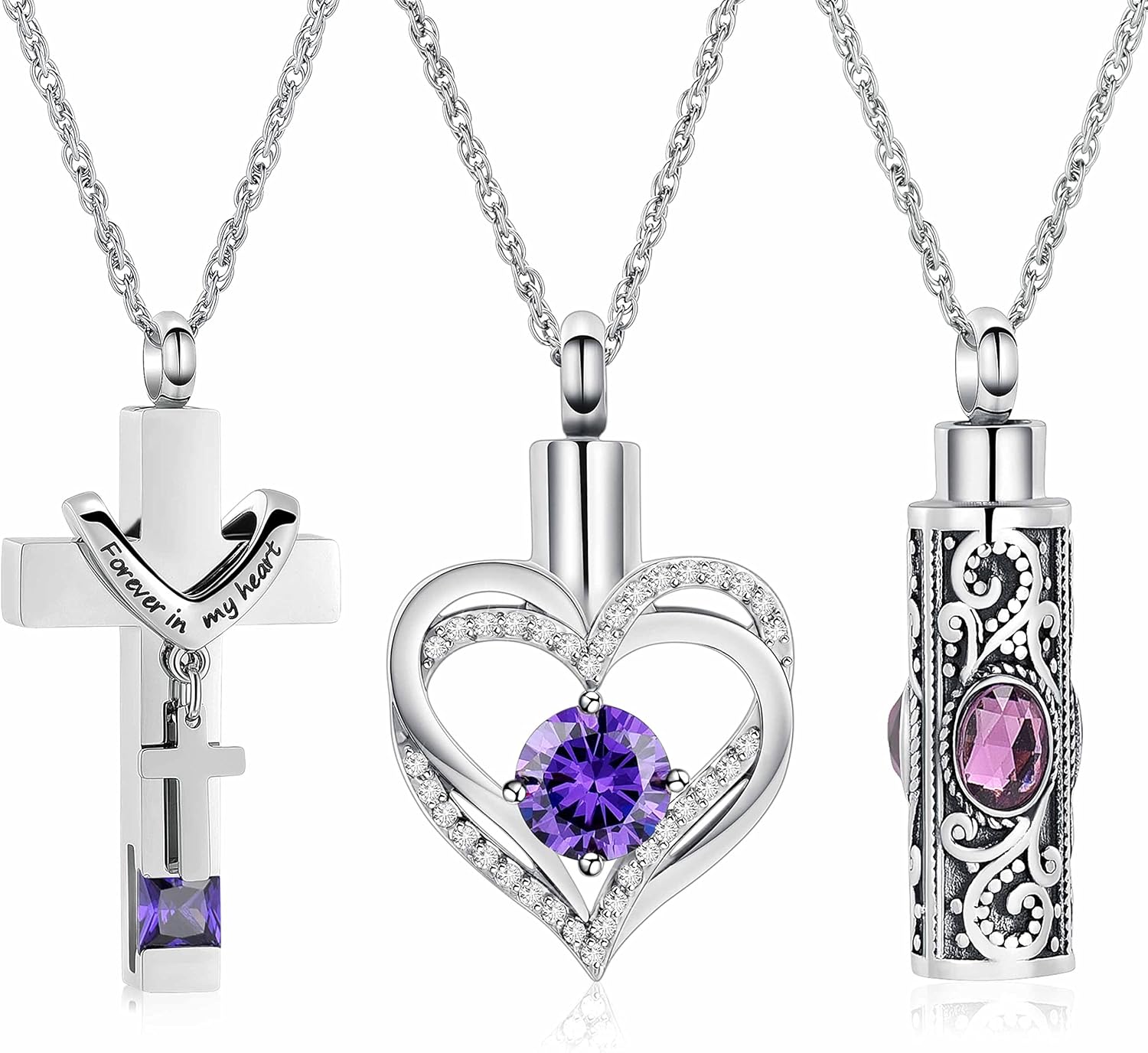 shajwo 3 Pack Urn Necklace for Ashes for Women Gilrs Heart Cross Cylinder Cremation Jewelry for Ashes Memorial Keepsake Birthstone Pendant