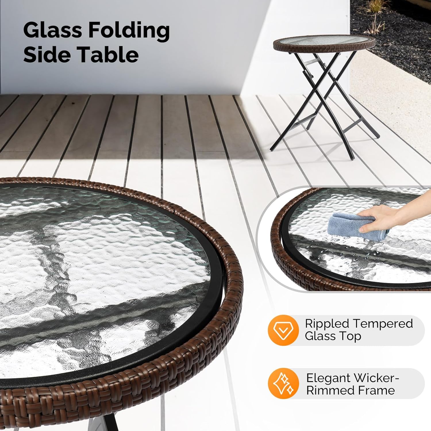 VINGLI 19in Modern Brown Rattan Folding Glass Outdoor Side Table, Small Patio Table with Tempered Glass Top,Round,1 Pack