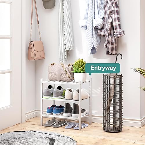 Miniatura 3 de Zapatero pequeño para entrada, organizador de zapatos blanco para armario, estante de zapatos de pie de madera de bambú para interiores y exteriores