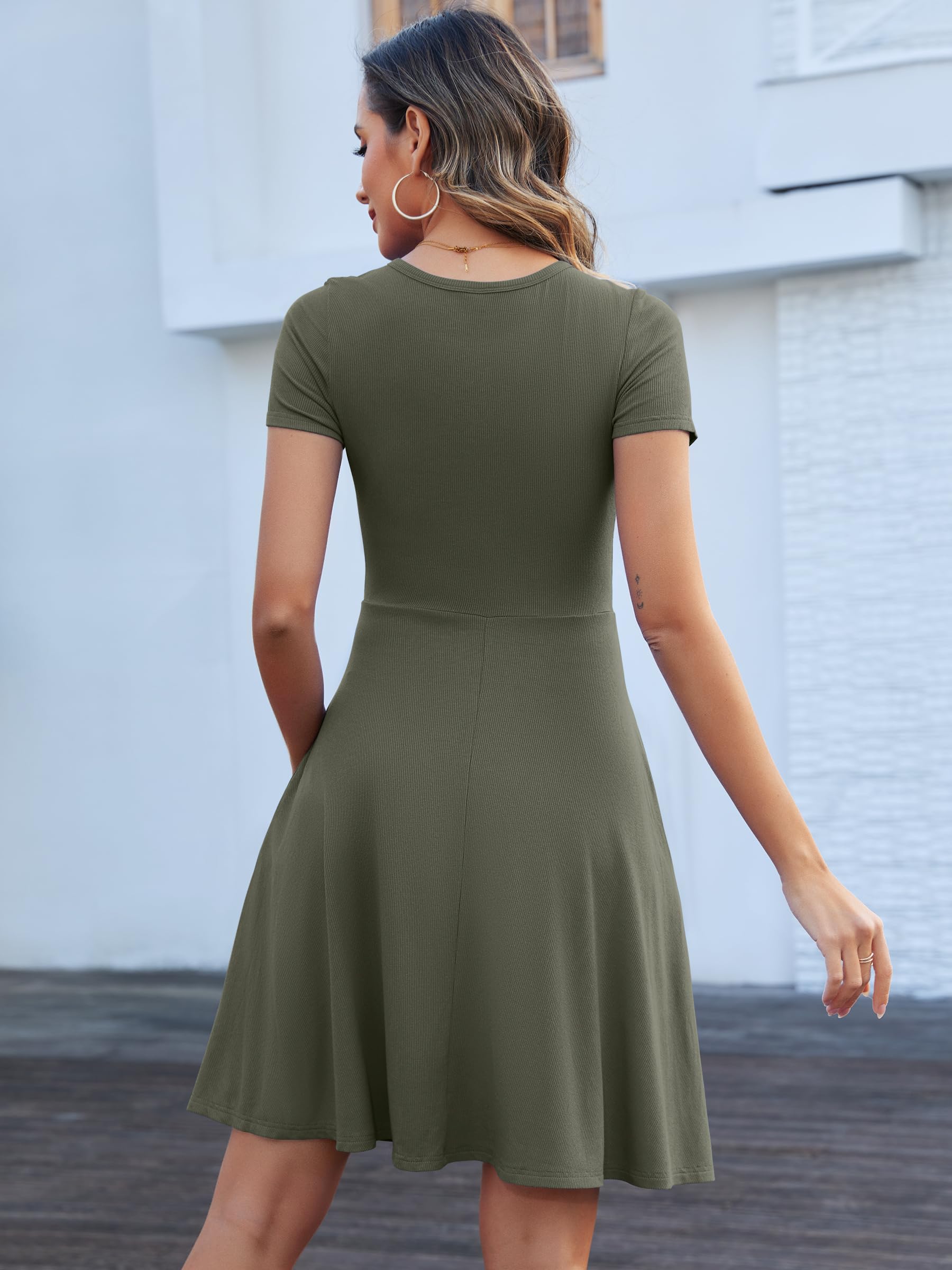 ANRABESS Women Summer Short Sleeve Ribbed Knit Fit & Flare A-Line Flowy Business Casual Work Basic Mini Dress with Pockets Army Green Small: Army Green Medium