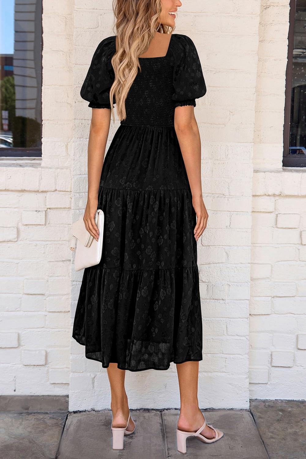 PRETTYGARDEN Women's 2026 Summer Casual Midi Dresses Square Neck Short Sleeve Smocked A Line Floral Flowy Elegant Boho Dress - Image 2