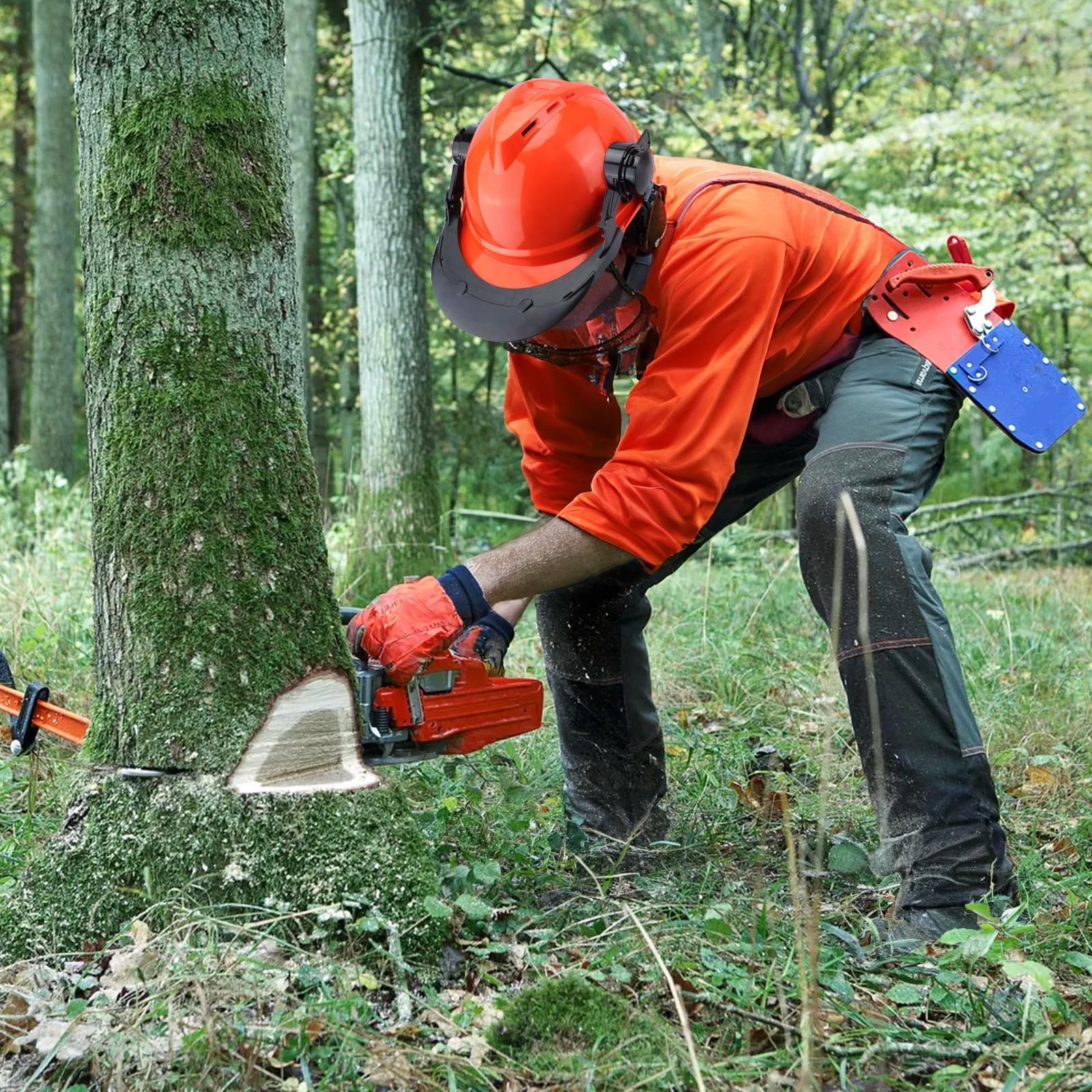 SAVIOR Forstschutzhelm EN 397 mit 4 stück Fällkeil, Kettensägen Sicherheitshelm mit EN 352-3 Gehörschutz und Netzvisier, Professionelle Forsthelm Set für 54-63 cm Kopfumfang