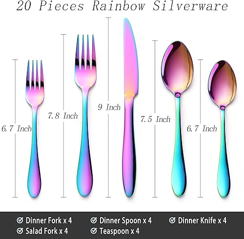 Miniatura 2 de E-far Juego de cubiertos de 20 piezas, color arcoíris, juego de cubiertos de acero inoxidable colorido para 4, cuchillos, tenedores, cucharas,