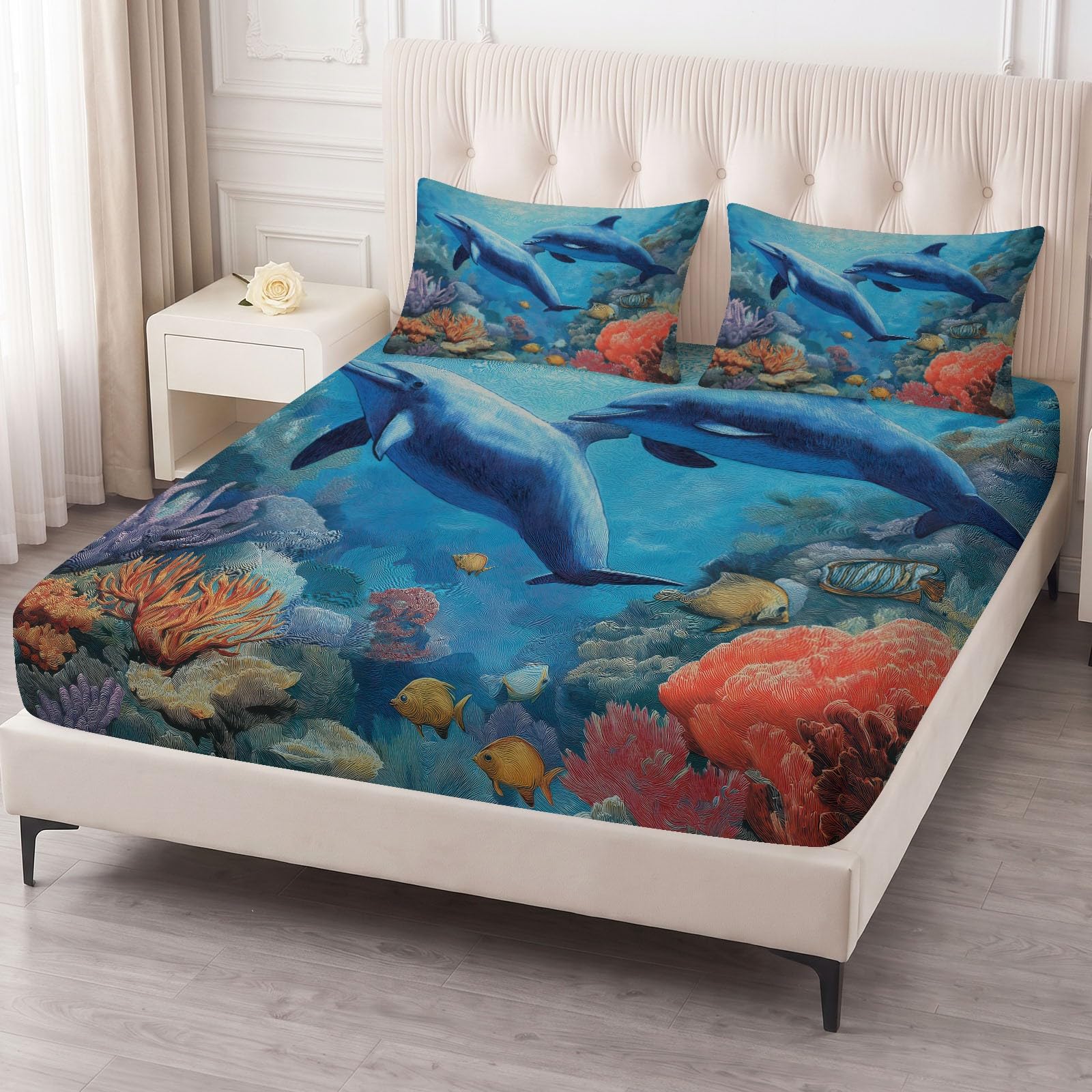 Juego de sábanas bajeras ajustables de 3 piezas, 90 x 200 cm, diseño de arrecife de delfín, peces tropicales, de microfibra, animales marinos, suave y agradable al tacto, transpirable, colchones de
